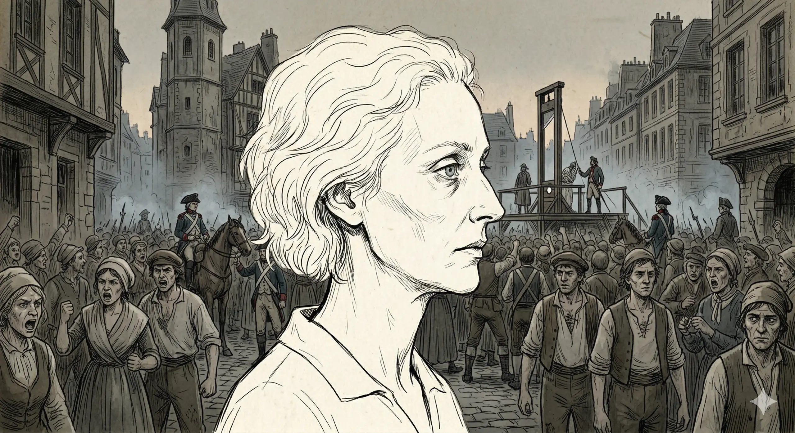 처형 당일 수레 위의 마리 앙투아네트 옆모습 — 37세이나 노파처럼 야윈 얼굴