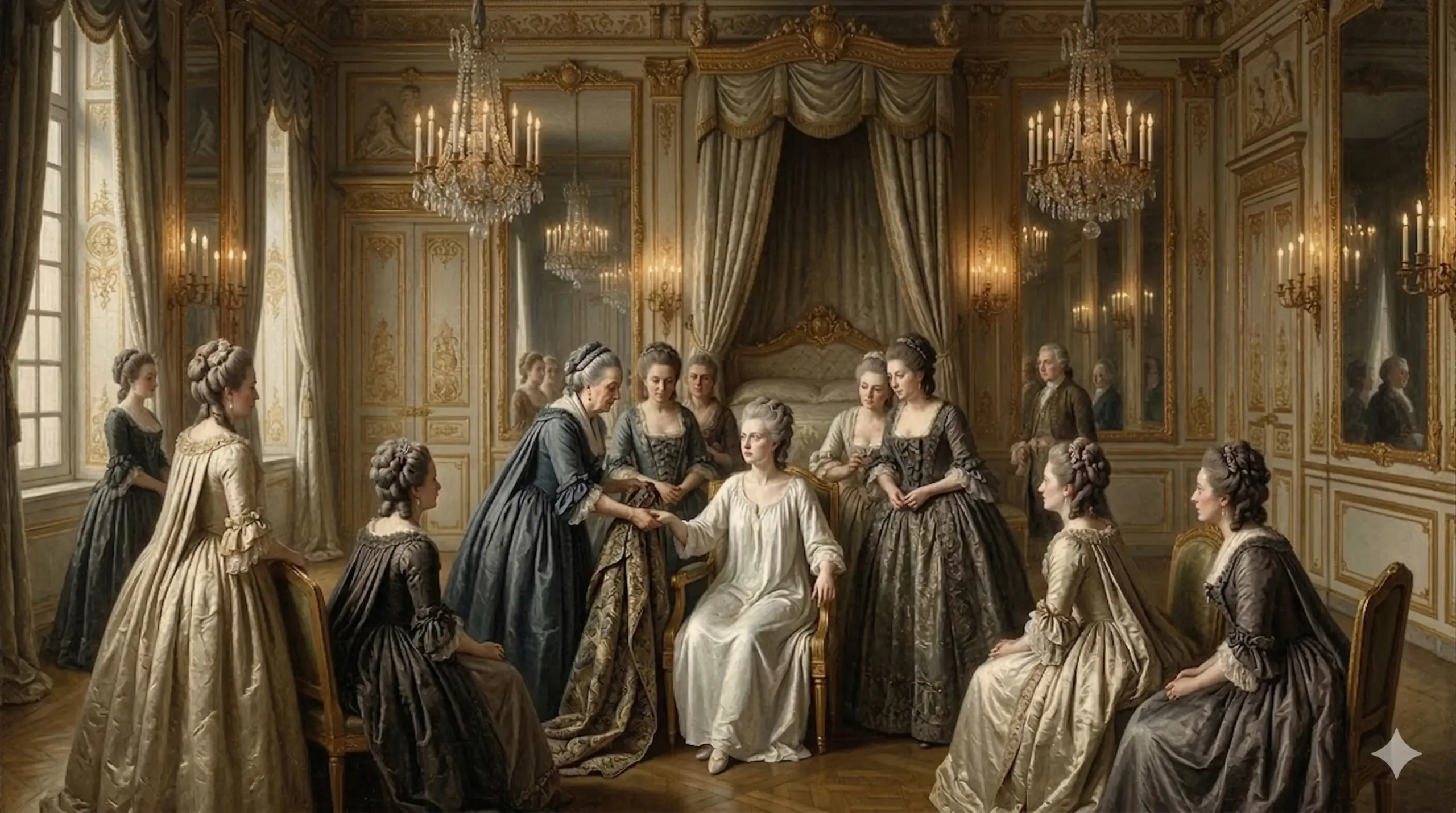 베르사유 왕비 침실, 속옷 차림의 마리가 의자에 앉아 있고 주변을 귀족 여성들이 둘러싸고 있다. 가장 높은 신분의 여성이 슈미즈를 건네주고 있으며, 수십 개의 촛불과 거울들이 장면을 무한히 반사시킨다.