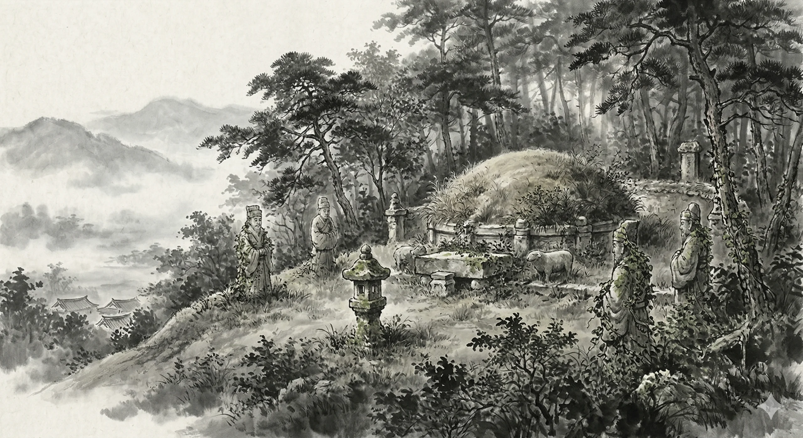 241년의 공백을 상징하는 비어있는 조선시대 왕릉 터, 잡초가 무성한 야산, 수묵화 풍