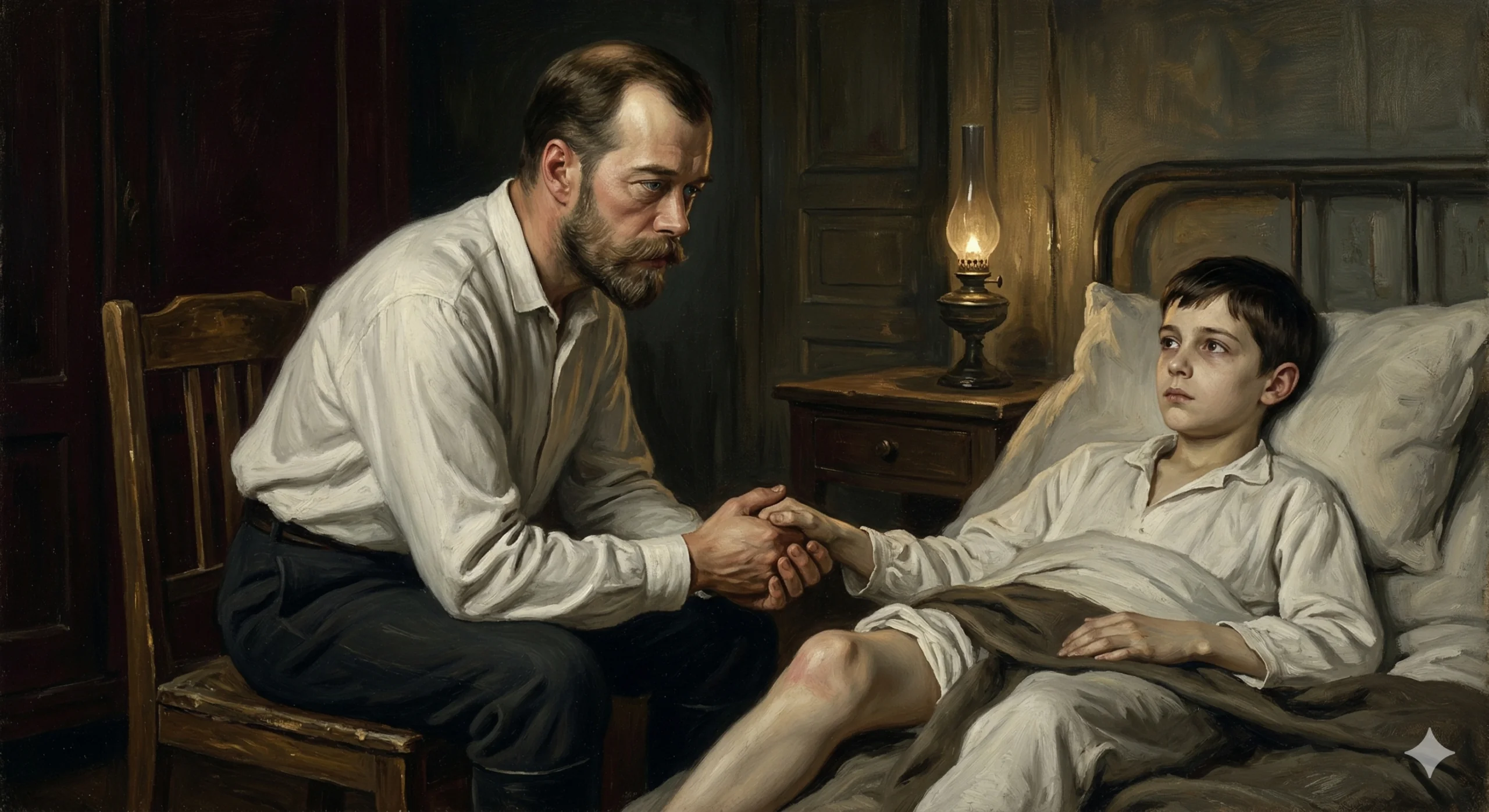 니콜라이 2세가 침대에 누운 알렉세이의 곁에 앉아 있다. 어두운 저택 내부. 아버지의 얼굴에 고통이 서려 있다.