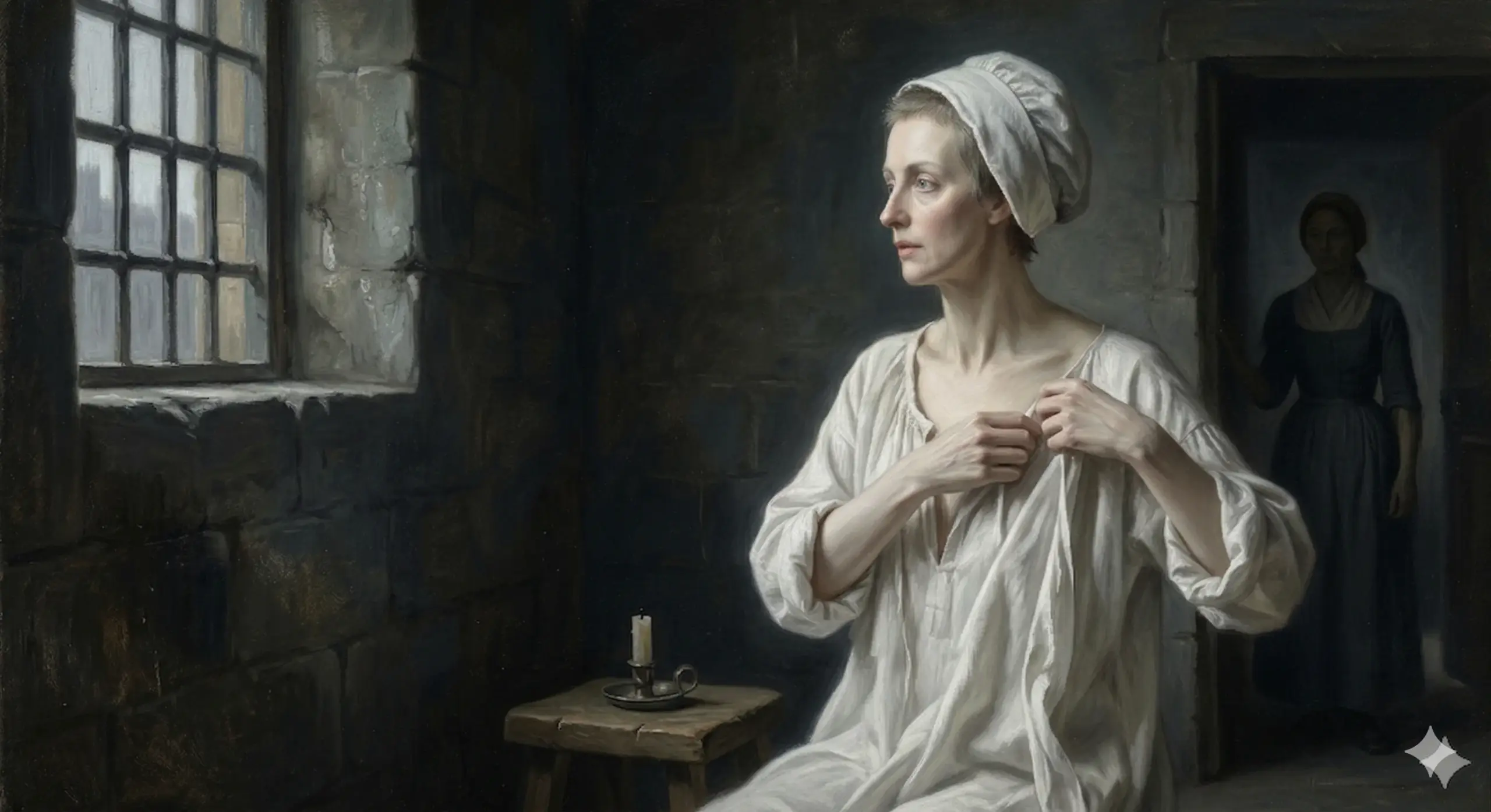 감방에서 흰 드레스로 갈아입는 마리 앙투아네트