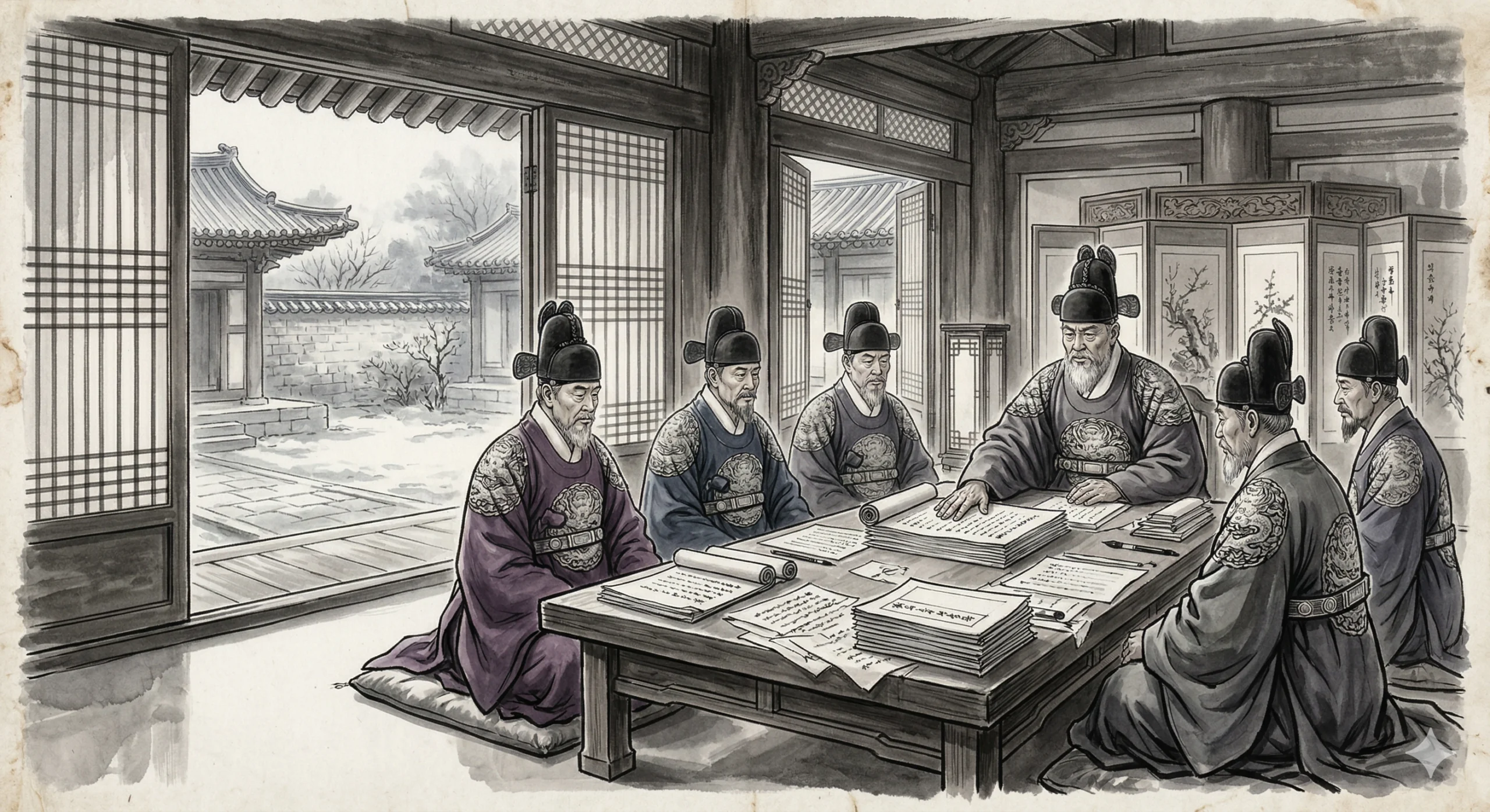 세조와 신하들이 단종 복위 사건의 연루를 논의하는 조정