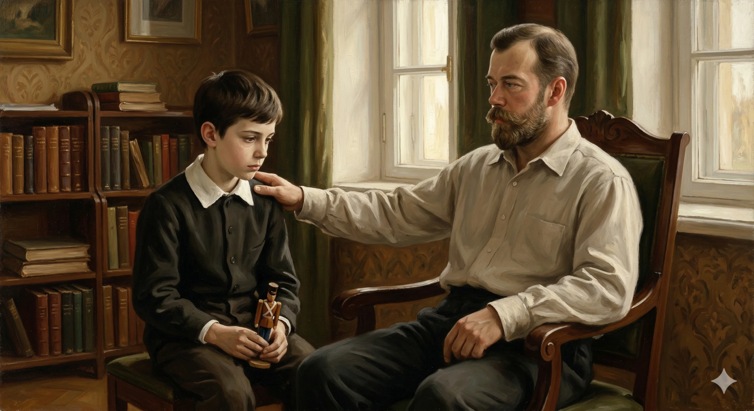 니콜라이 2세와 알렉세이가 함께 있는 평화로운 순간. 아들의 손을 잡거나 어깨에 손을 얹은 아버지의 모습.