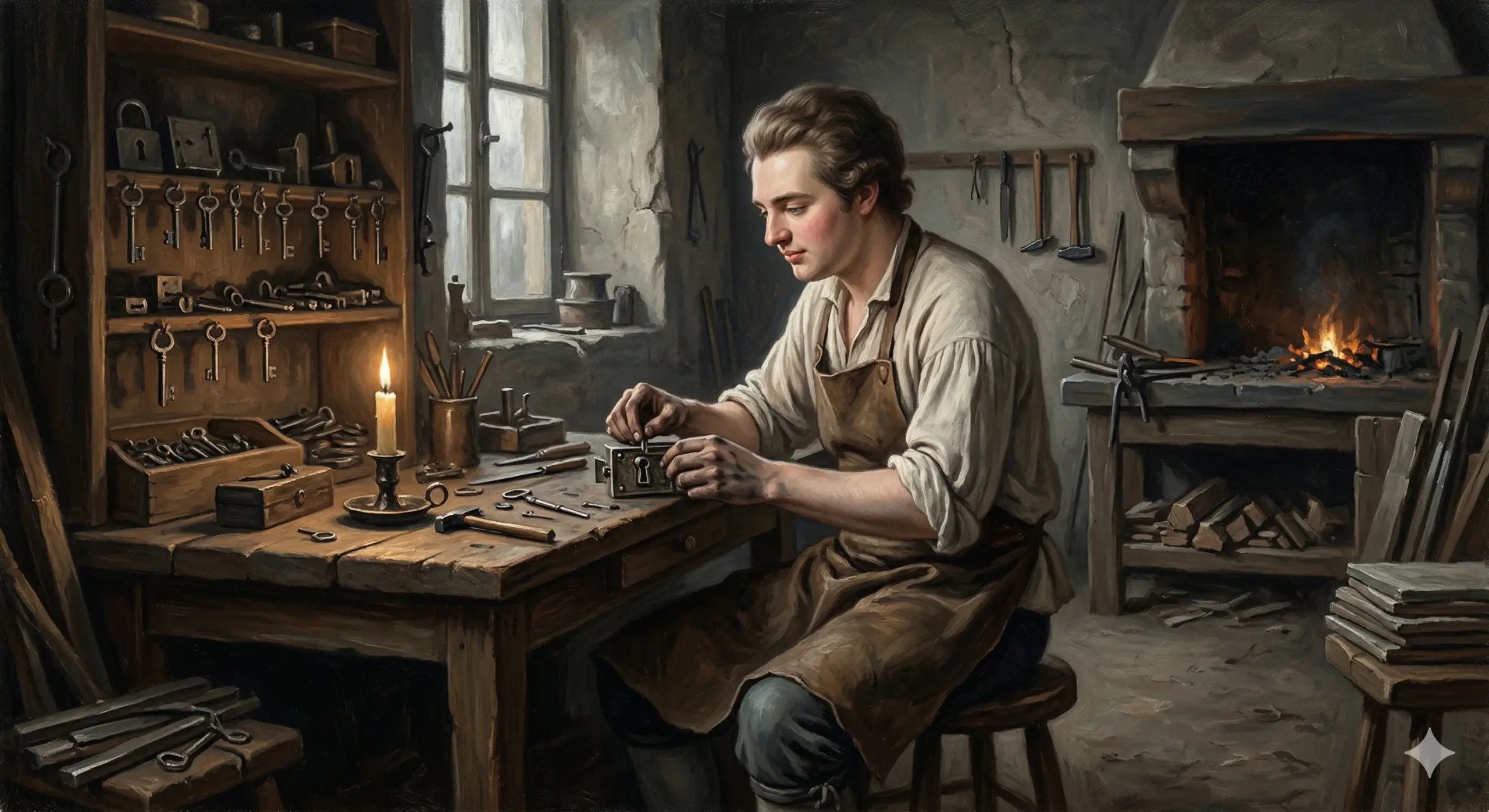 19세 루이 오귀스트가 자물쇠 작업장에서 도구를 쥔 채 집중하고 있다. 기름진 손, 온화한 얼굴, 평범한 가구와 촛불로 둘러싸인 공간. 궁전이 아닌 일반 기술자의 작업실처럼 보인다.