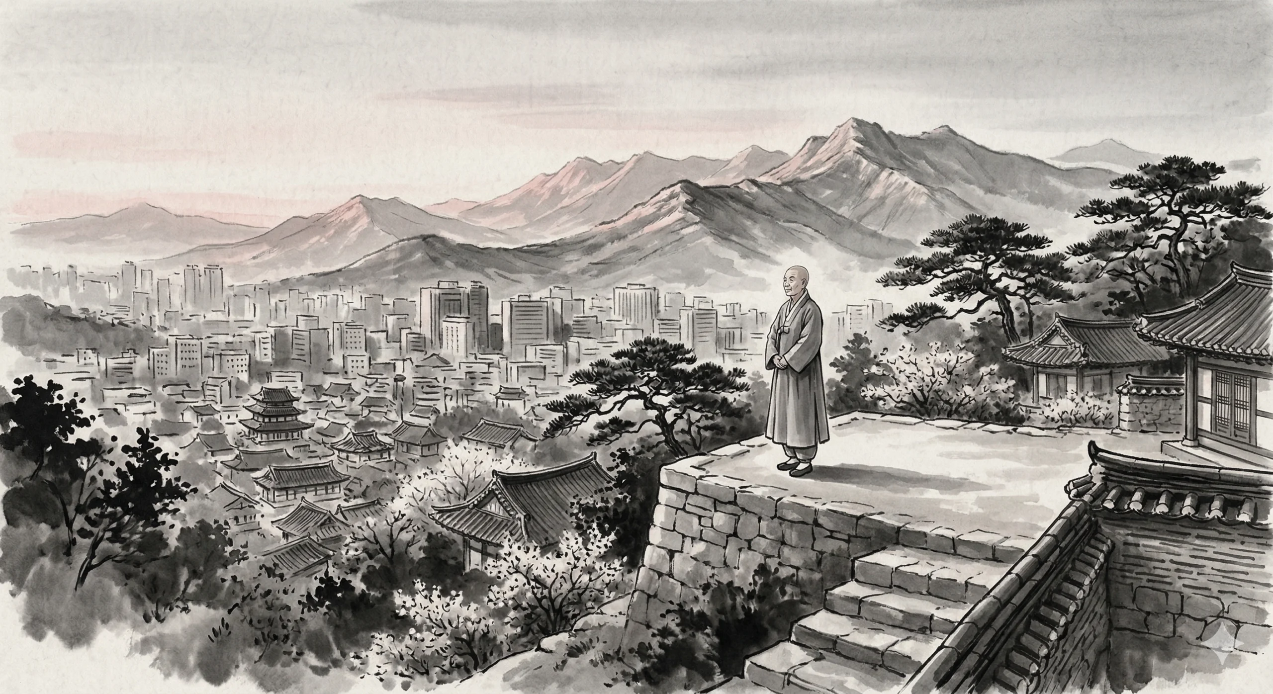 서울 낙산 기슭 정업원 새벽, 비구니 복장의 여인이 동쪽 방향을 바라보는 뒷모습, 수묵화 풍