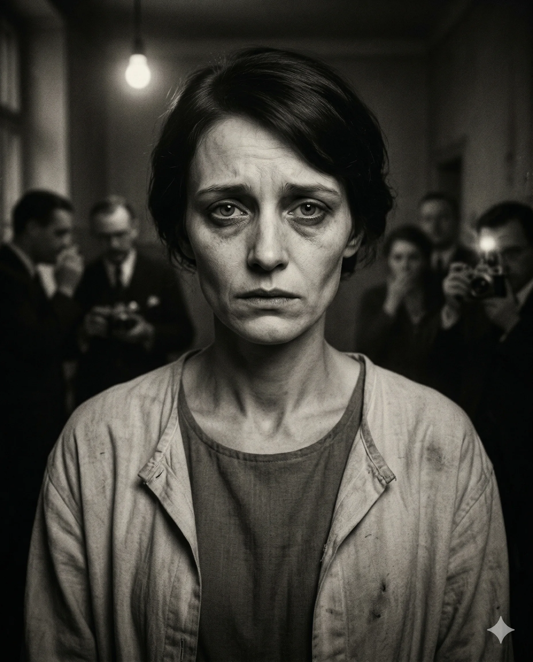 1920년대 유럽의 한 여성. 깊은 눈, 수심 가득한 얼굴. 주변에 기자와 지지자들. 흑백 시대극 분위기.