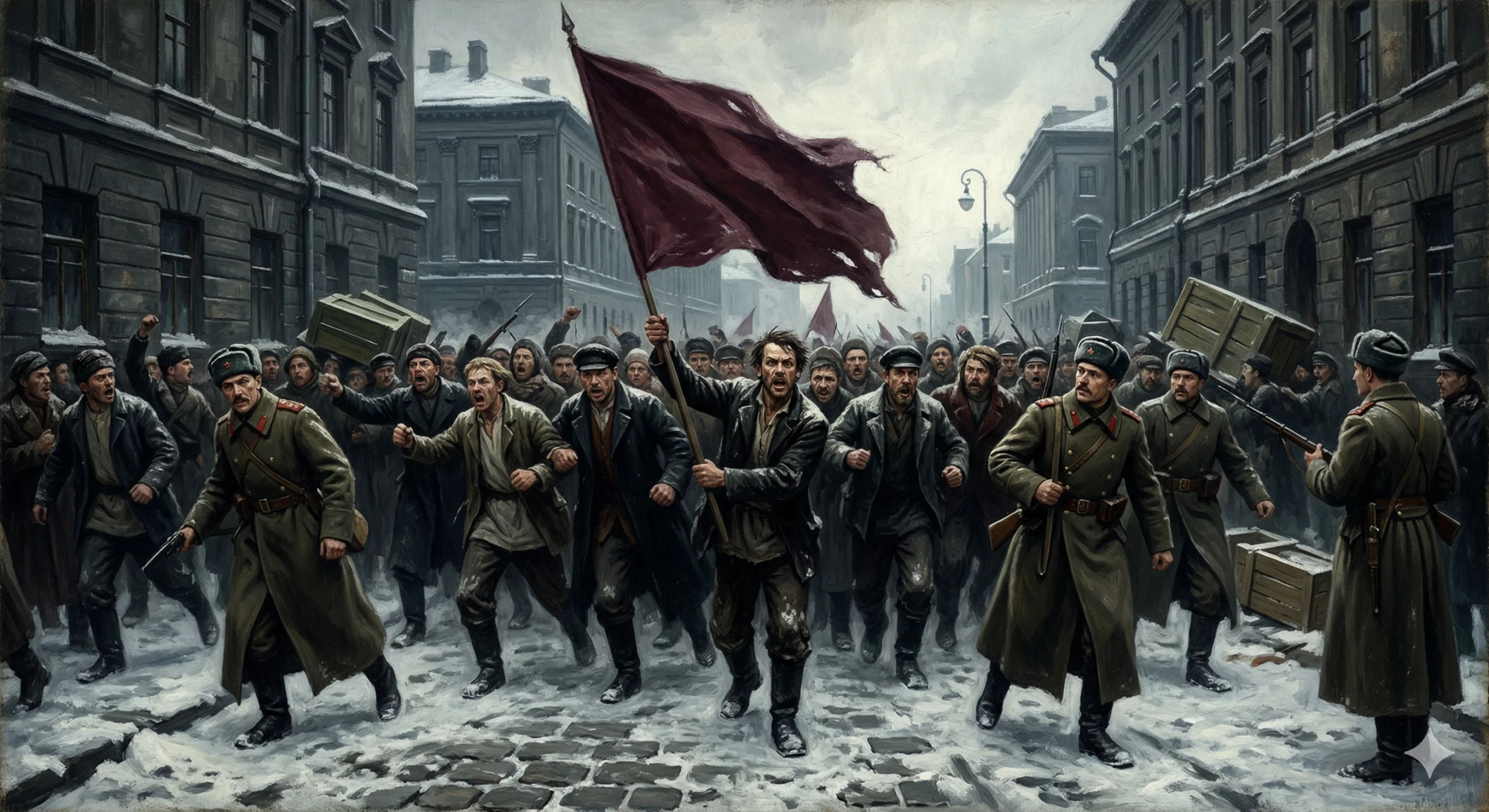 1917년 혁명기 페트로그라드 거리. 군중과 군인들이 뒤섞인 혼란스러운 장면. 겨울 하늘, 눈 쌓인 거리.