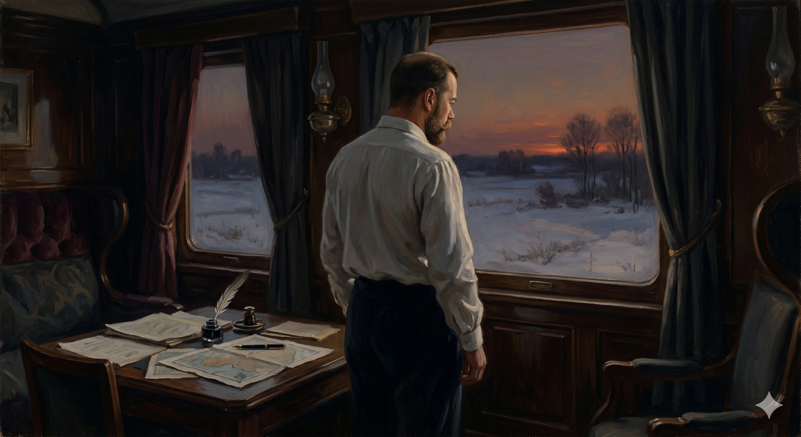 기차 객실 안, 니콜라이 2세가 혼자 창밖을 바라보고 있다. 테이블 위에 퇴위 문서와 펜. 황혼 빛이 객실을 물들인다.