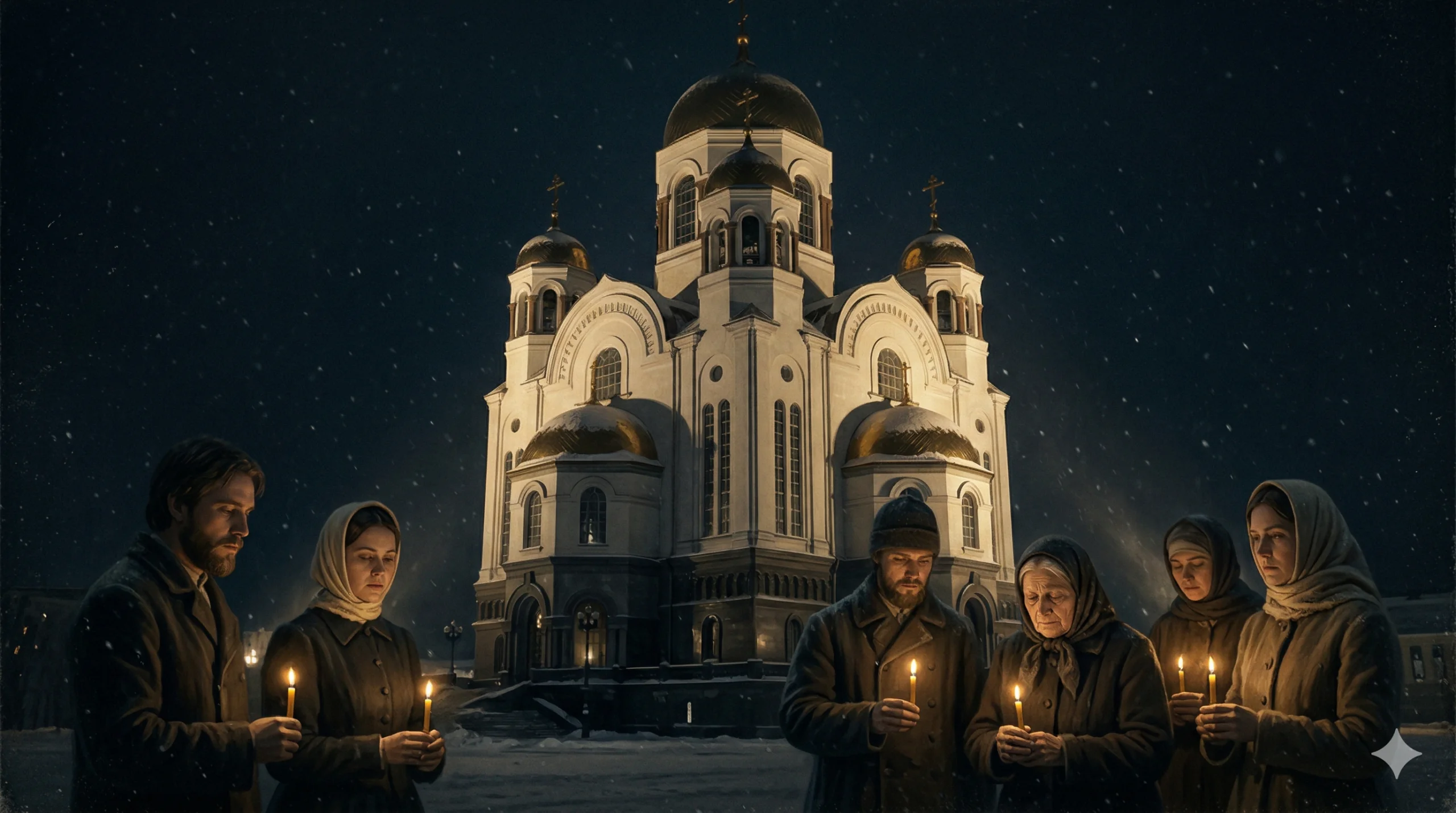 밤하늘 아래 조명을 받아 빛나는 정교회 성당. 하얀 외벽과 황금 돔. 엄숙하고 거룩한 분위기.