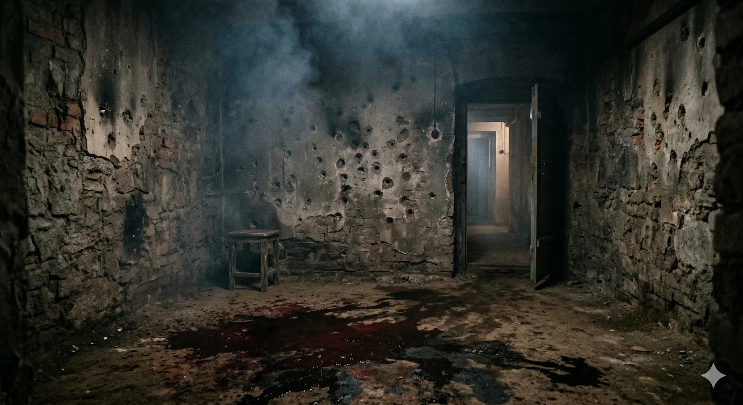 텅 빈 지하실. 벽에 탄흔이 남아 있고 바닥에 어두운 얼룩이 퍼져 있다. 인물은 없다. 적막.