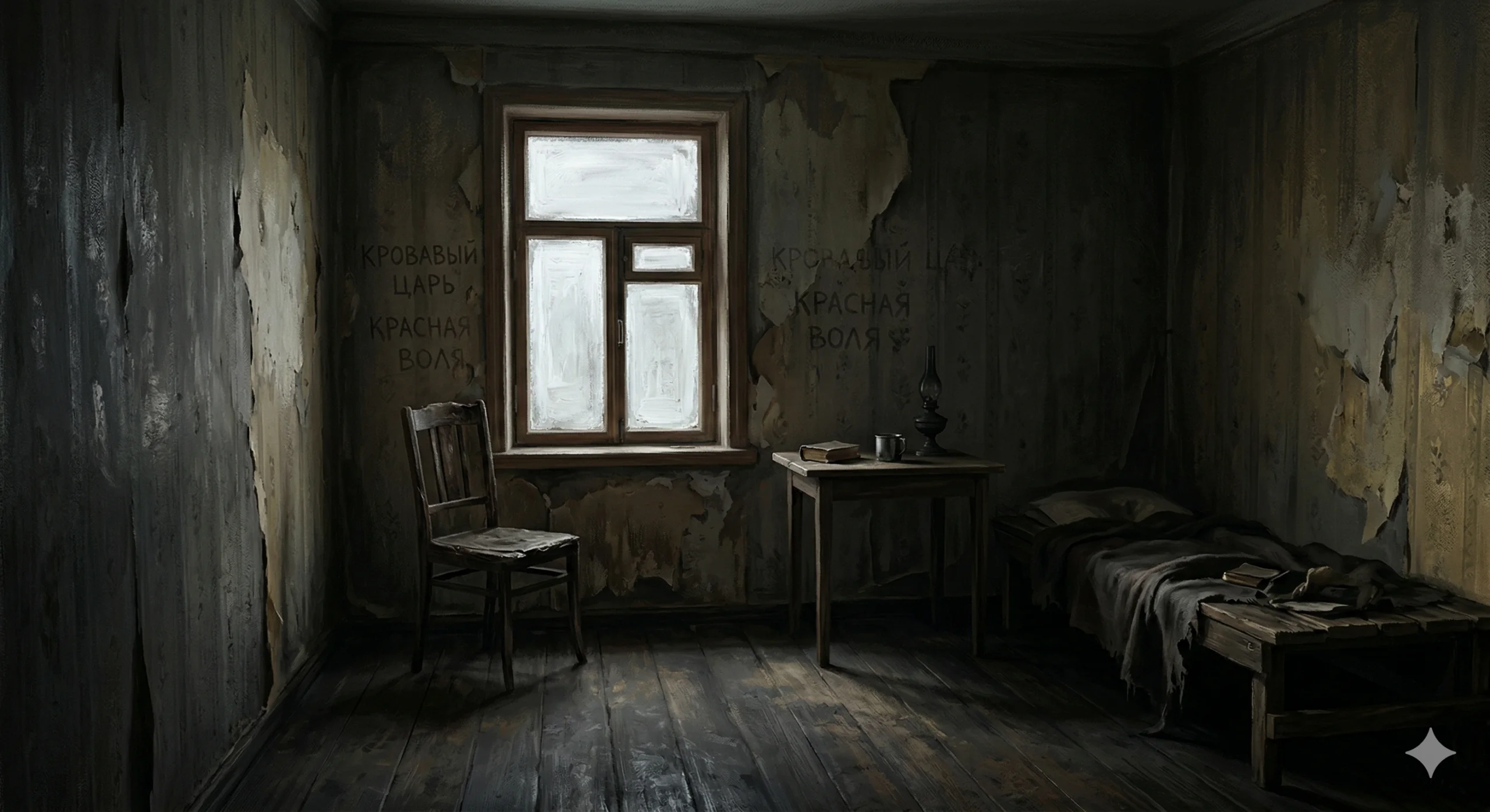 흰 페인트가 칠해진 창문으로 빛이 거의 들어오지 않는 어두운 실내. 좁고 억압적인 공간.