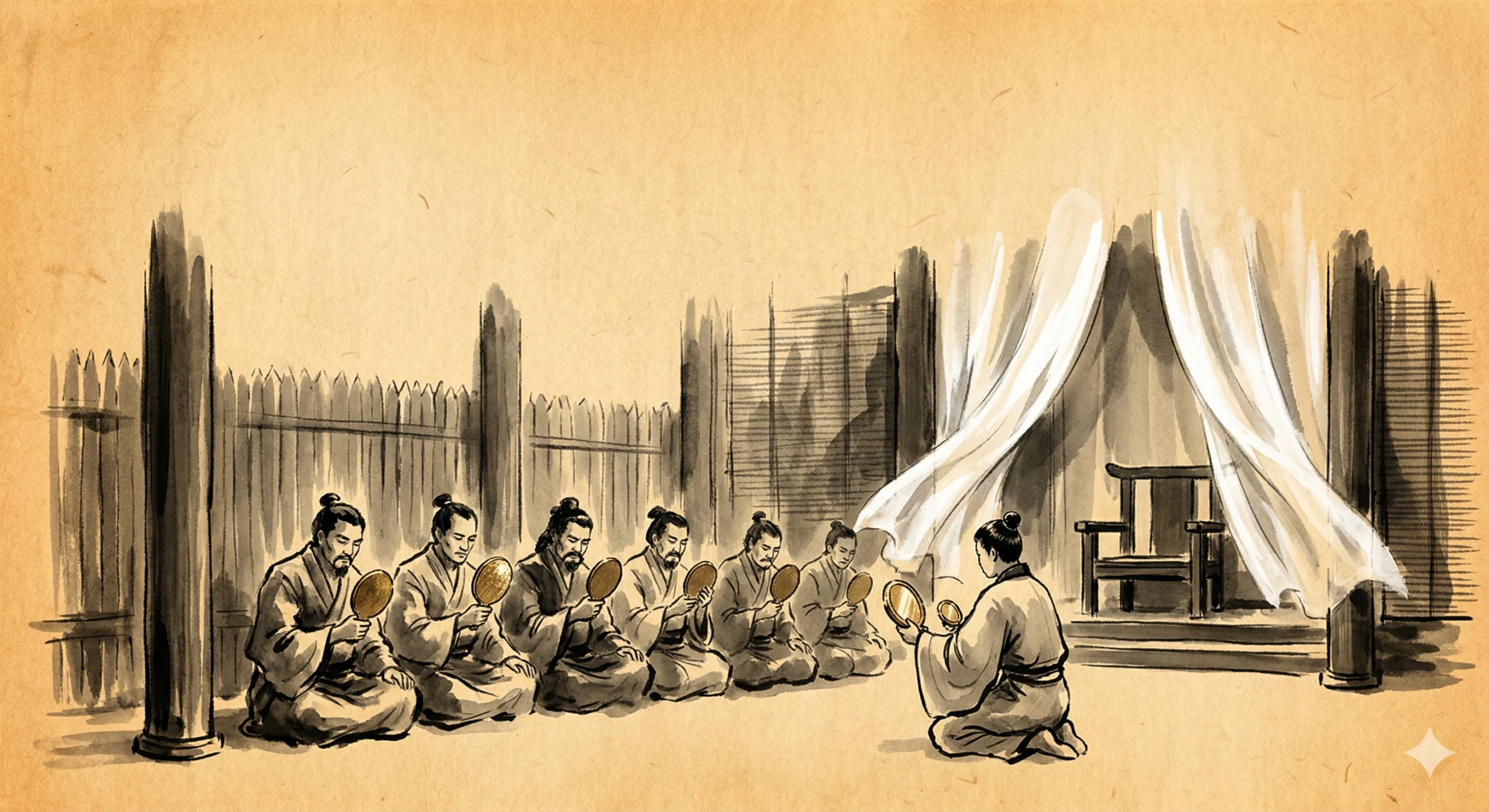 장막 안의 여왕 대신 남동생이 수장들에게 동경을 차등 분배하는 장면. 여왕의 자리는 비어 있고, 하얀 장막만 걸려 있다.