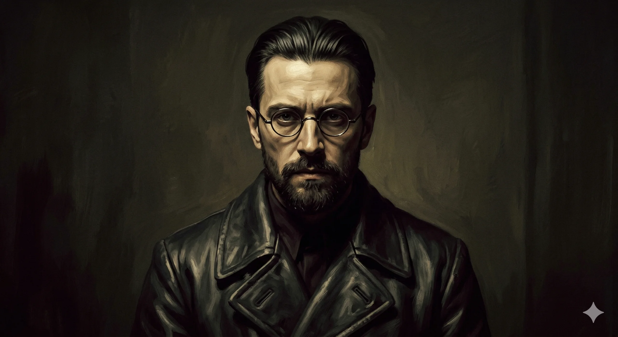 날카로운 눈빛의 40대 볼셰비키 남성. 냉철하고 무표정한 인상. 어두운 배경.