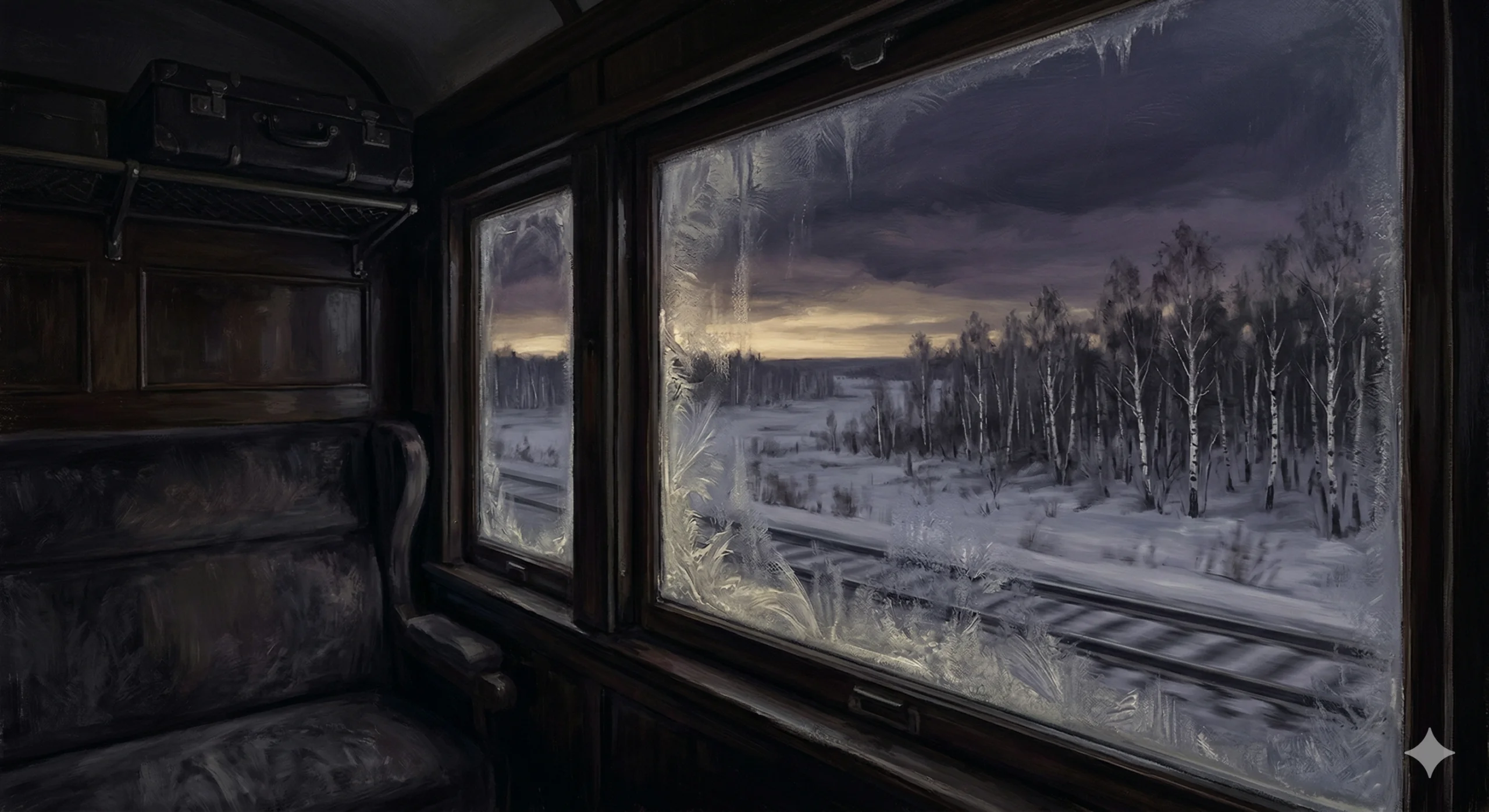 기차 창문으로 광활한 러시아 설원을 바라보는 장면. 차창에 서리가 끼어 있고, 뒤로 펼쳐지는 끝없는 대지.