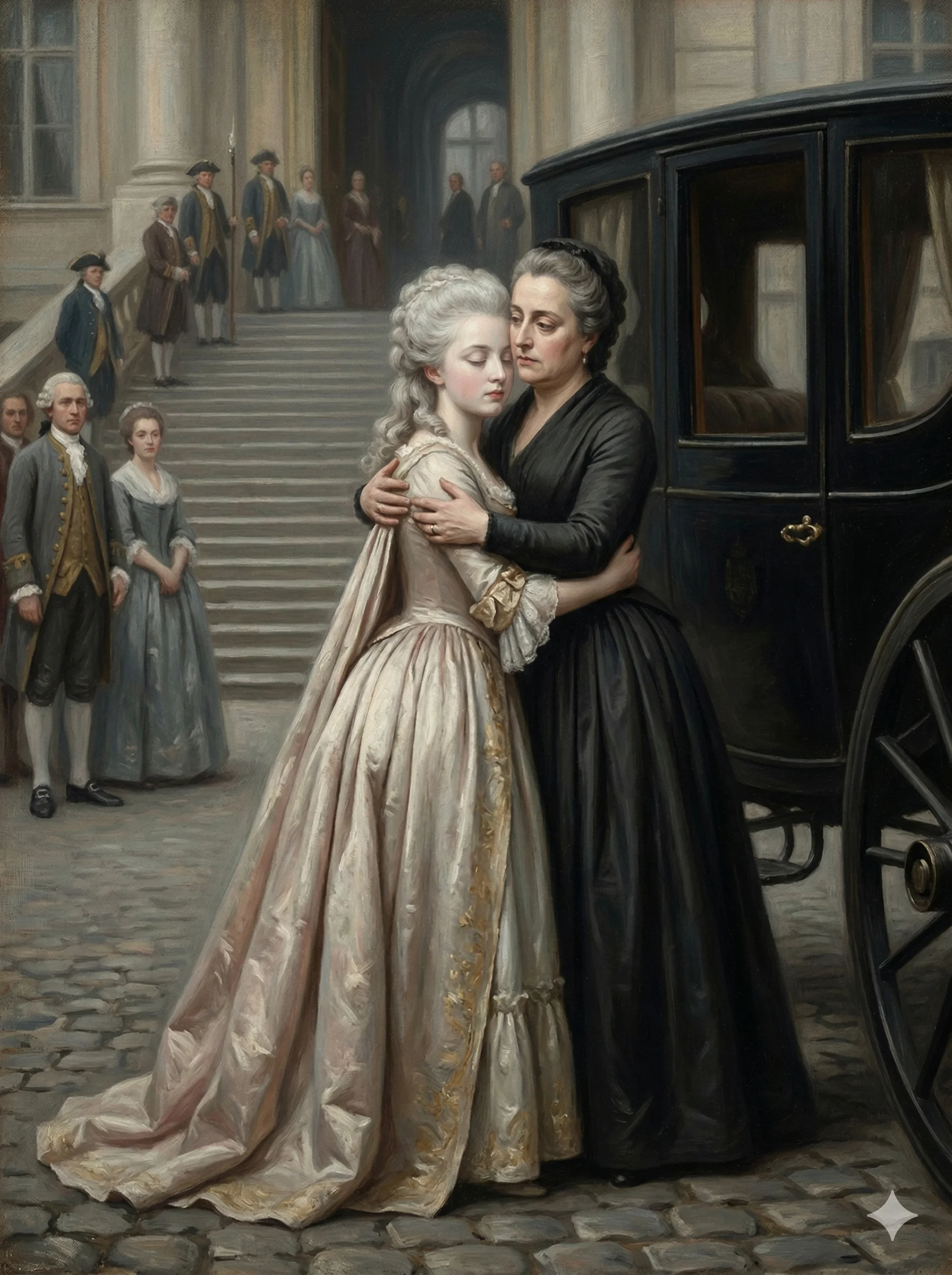 1770년 4월 빈 궁전 계단에서 마리아 안토니아를 안아주는 어머니 마리아 테레지아. 딸은 이별의 순간을 견뎌내고, 어머니는 오스트리아 제국의 지배자로서 감정을 억제한다.