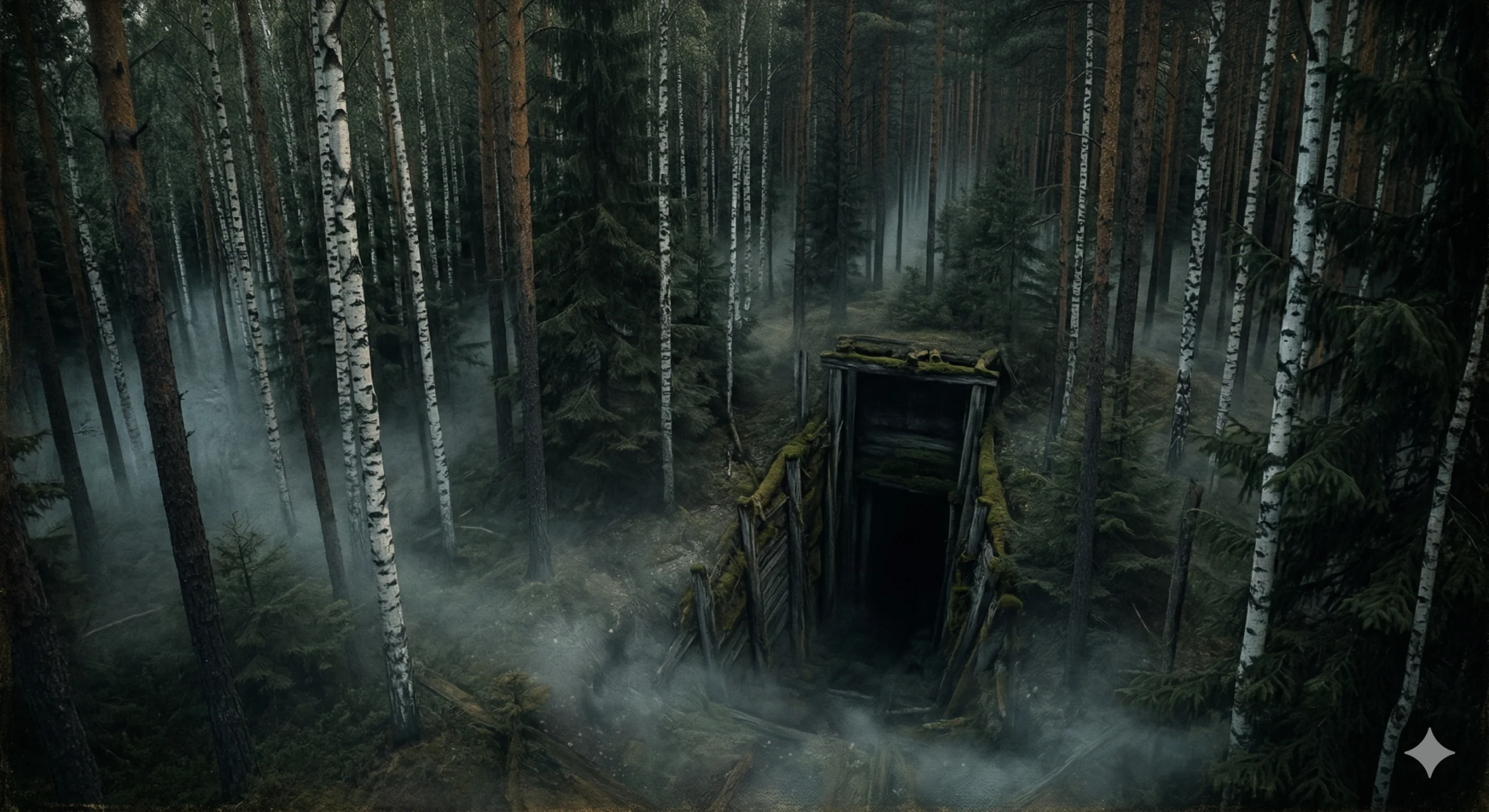 울창한 숲 속 버려진 광산 입구. 어둡고 음침한 분위기. 주변에 잡초가 무성하다.