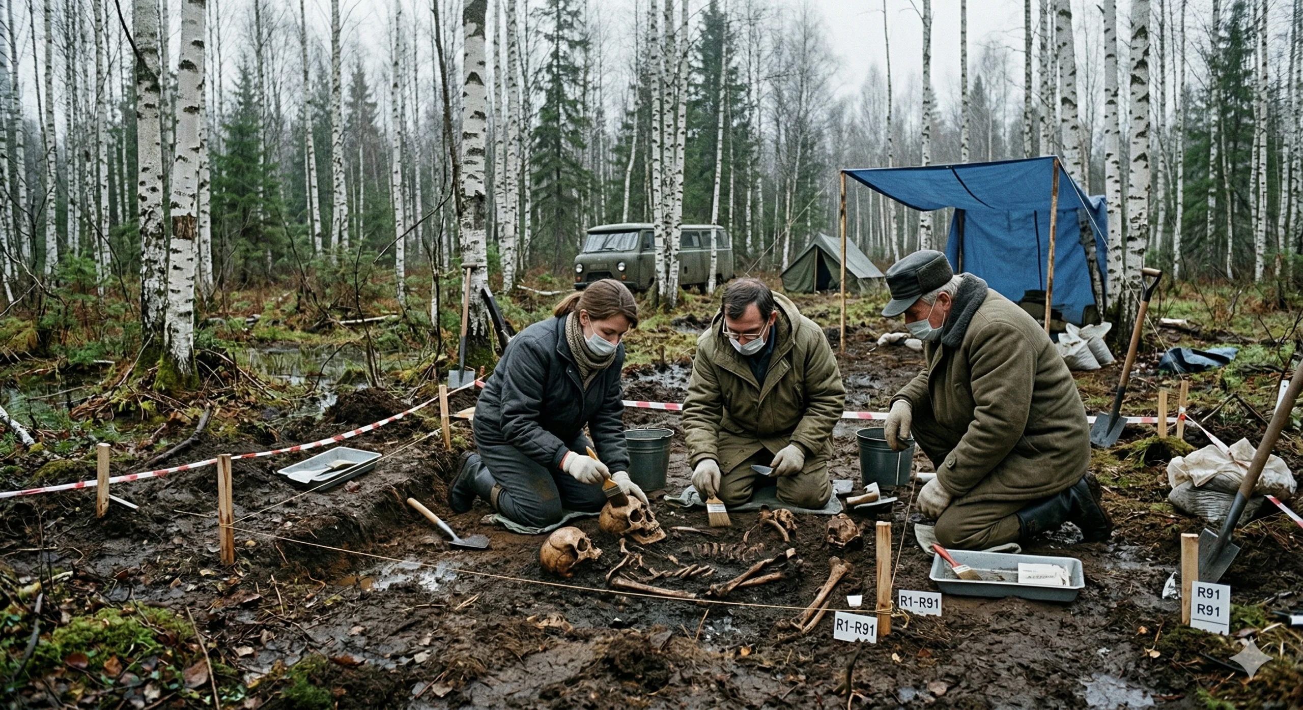 숲속 늪지대에서 진행되는 발굴 작업. 연구자들이 조심스럽게 흙을 파내고 있다. 엄숙한 분위기.