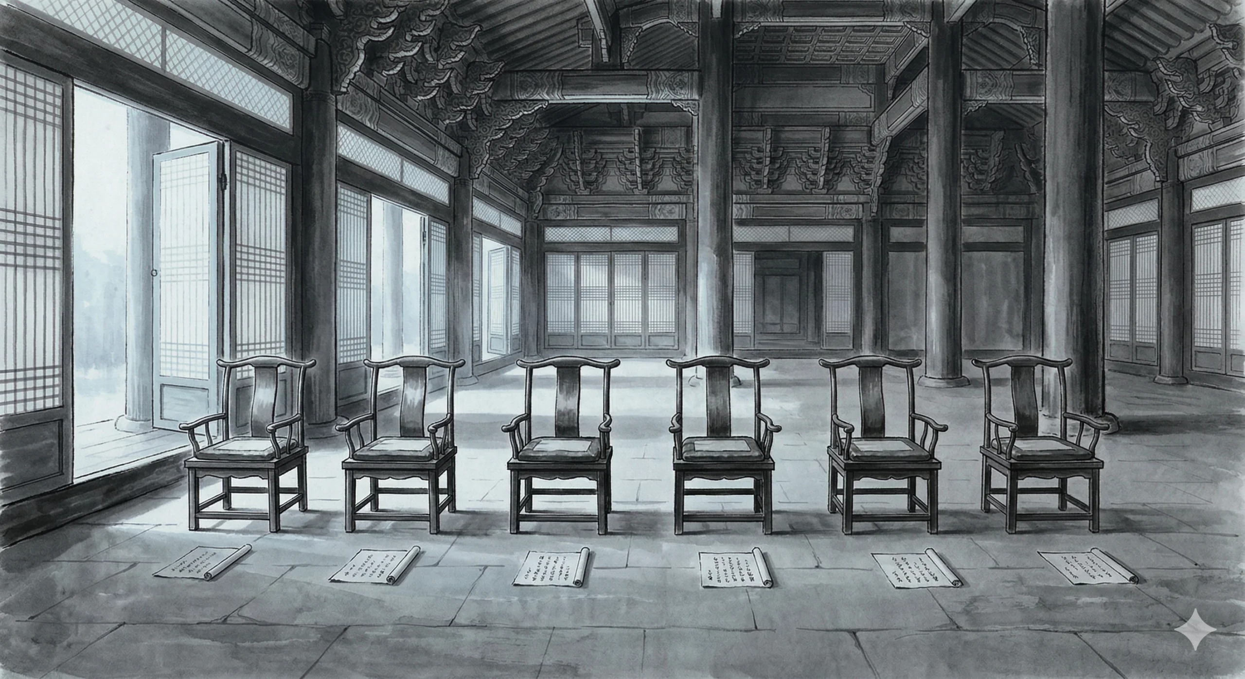 사육신 여섯 인물이 체포 직전 결의를 다지는 장면