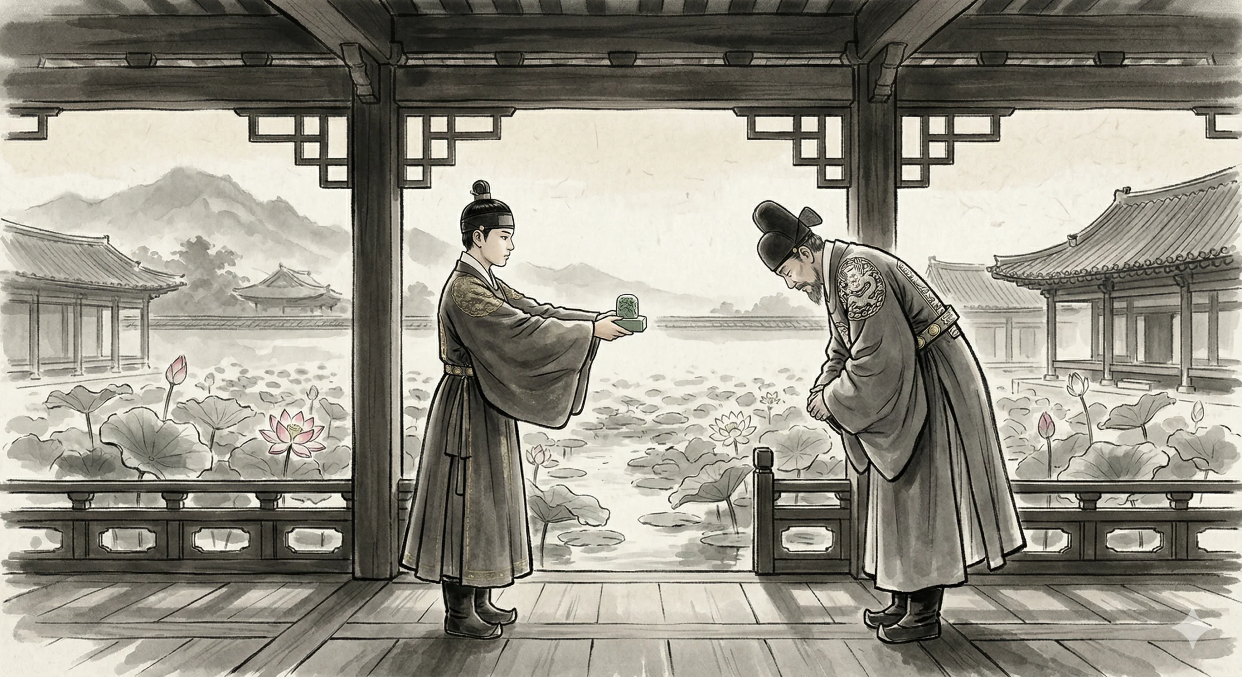 조선시대 경회루 누각 위, 열다섯 살 어린 왕이 두 손으로 옥새를 앞으로 내밀어 건네고 있다. 맞은편의 고위 관료가 깊이 허리를 숙여 절하고 있으나 아직 손을 뻗지 않은 상태. 누각 기둥 사이로 연꽃 잎이 떠 있는 연못이 보이고 한여름 하늘이 하얗게 빛난다. 수묵화 풍