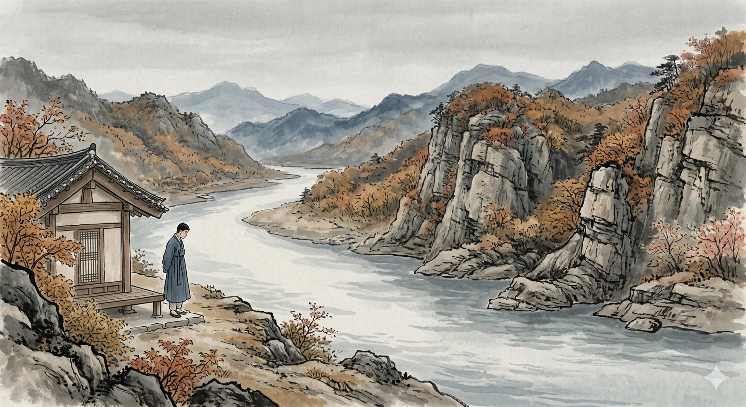 강원도 영월 관풍헌 목조 마루 끝에 홀로 서서 강을 바라보는 열일곱 소년의 뒷모습. 동강이 산 중턱을 세 면으로 감싸고 맞은편에는 석회암 절벽이 솟아 있다. 사방이 산과 강으로 막혀 있어 나갈 수 없는 지형임이 느껴진다. 소년의 옷차림은 평범하고 가을 단풍이 들어 있다. 수묵화 풍