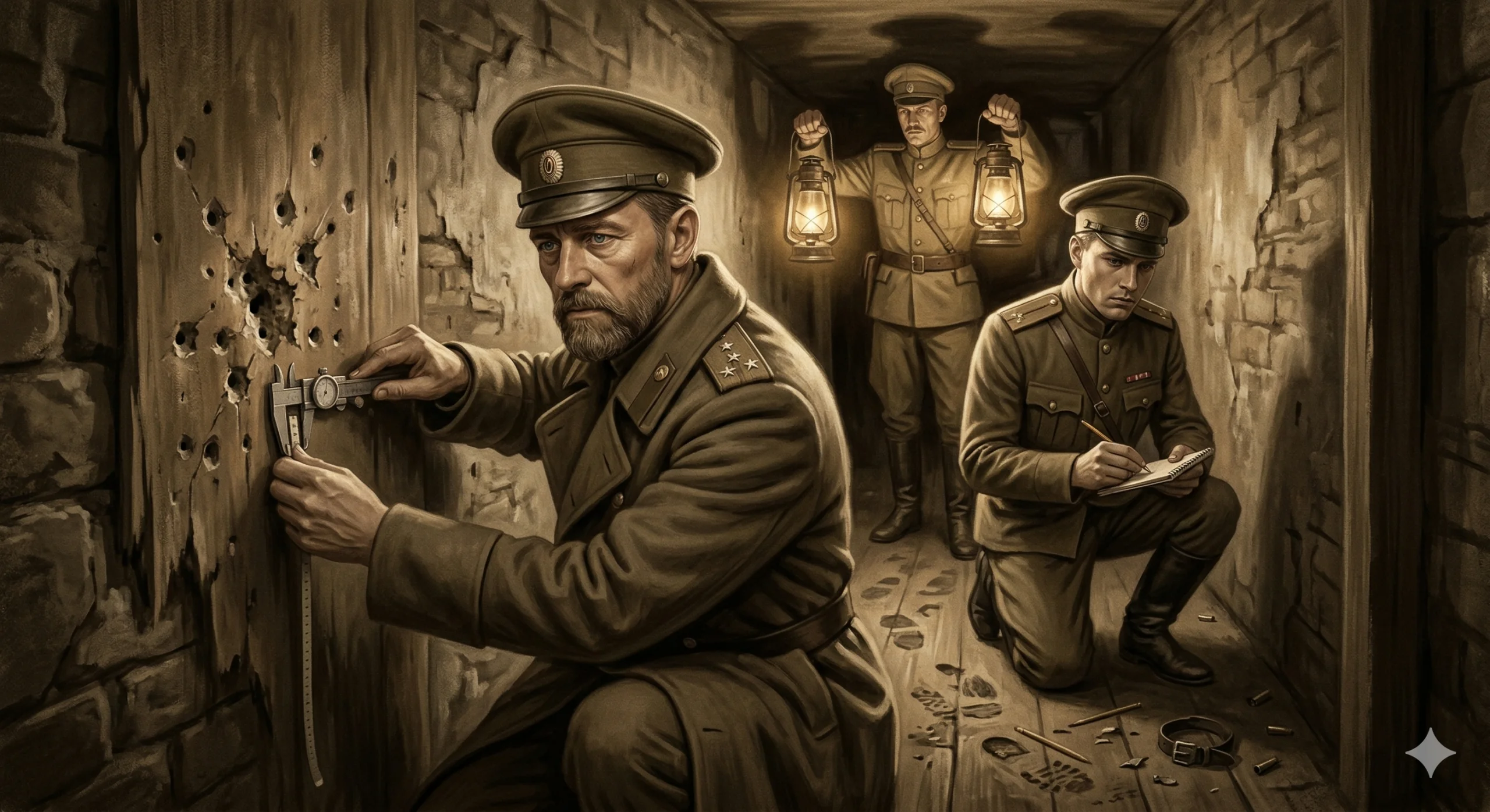 벽에 탄흔이 남아 있는 지하실. 조사관들이 흔적을 기록하는 분위기. 역사적 기록 사진 느낌.