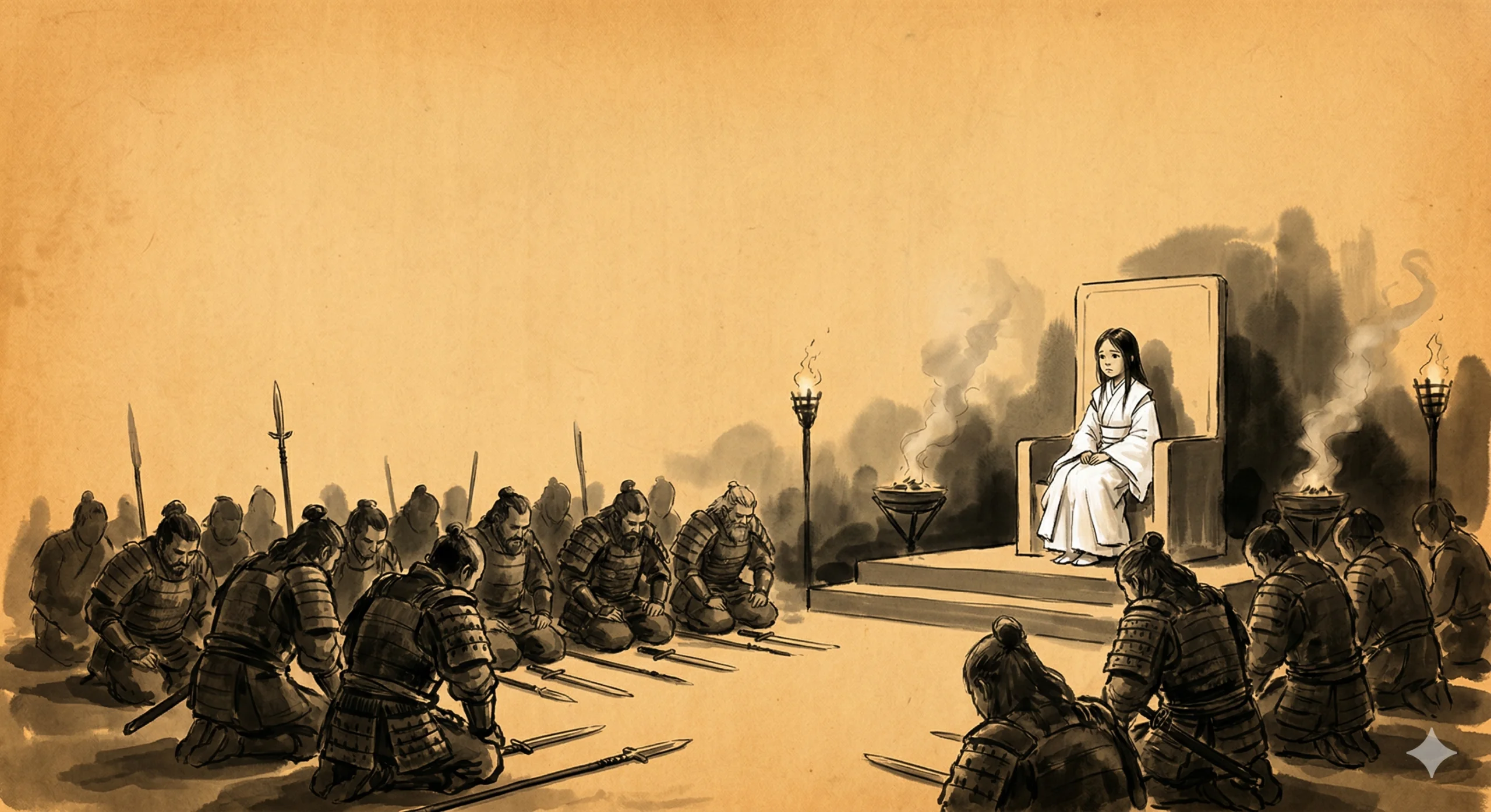 열세 살 이요가 야마타이국의 새 여왕으로 추대되는 장면. 칼을 내려놓은 수장들이 무릎을 꿇고 있다. 소녀는 혼자 의자에 앉아, 이 모든 것의 무게를 처음으로 느낀다.