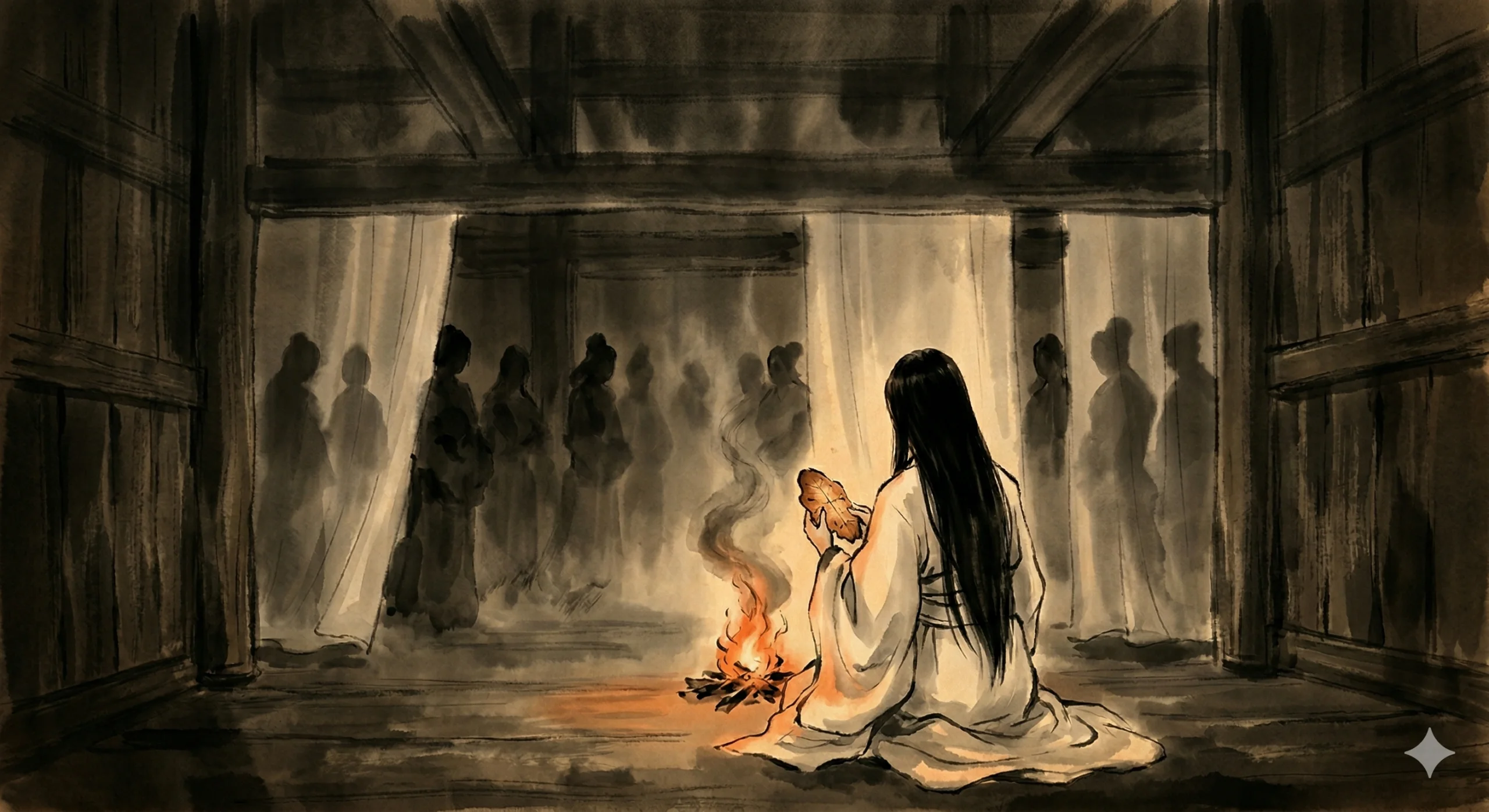 어두운 밀실에서 복골 의식을 행하는 히미코의 뒷모습. 불에 구운 뼈의 금을 들여다본다. 1,000명의 하녀들이 장막 너머에 대기하고 있다.