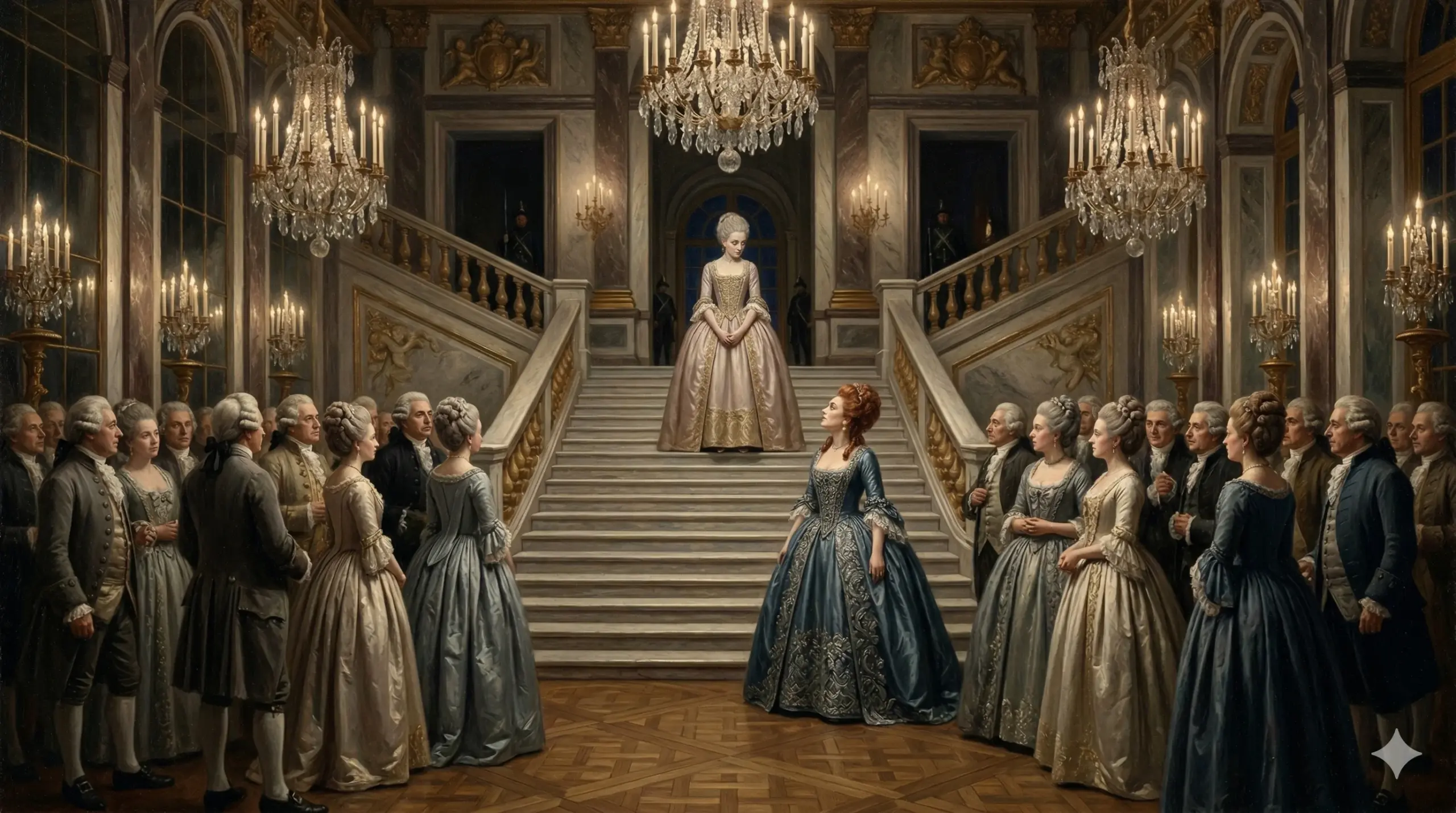 베르사유 대연회장 계단에서 마주선 14세 마리와 뒤 바리 백작부인. 마리는 윗부분에, 뒤 바리는 아래쪽에. 두 여성 사이의 긴장이 주변 귀족들의 숨죽임으로 둘러싸여 있다.