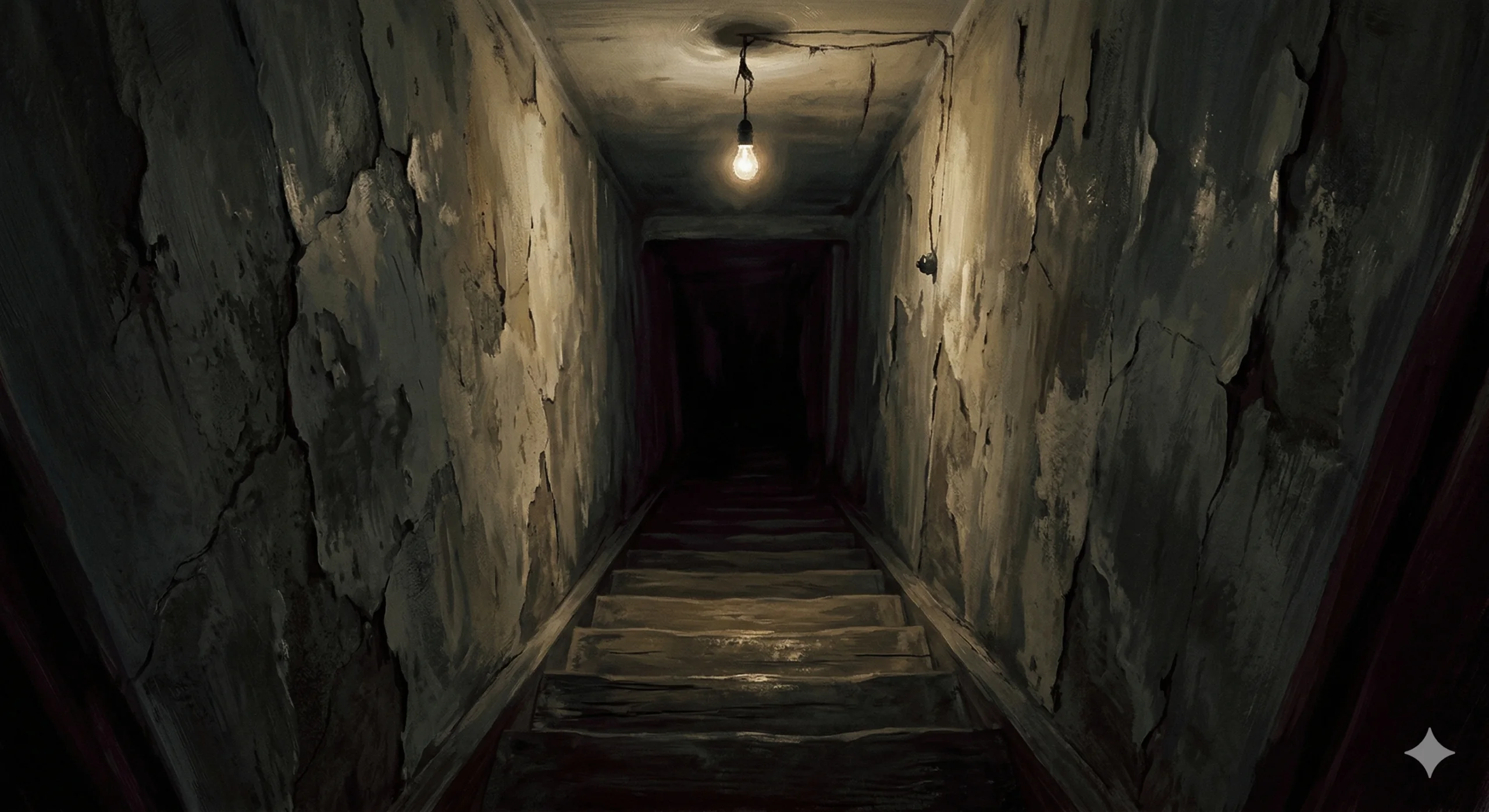 이파티예프 저택 지하실로 이어지는 좁고 어두운 계단. 희미한 전구 하나. 불안하고 무거운 분위기.