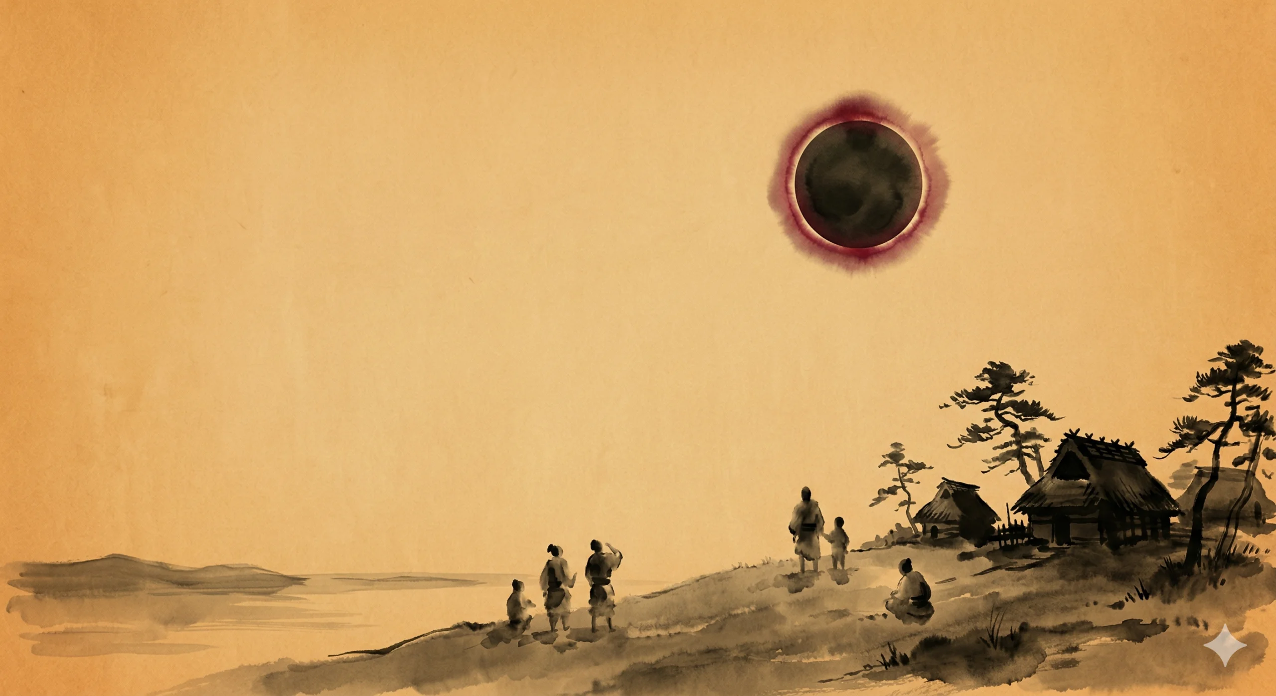 247년 봄, 규슈 하늘의 개기일식. 저물녘의 태양이 완전히 가려지고 암적색 코로나만 남은 순간. 언덕 위의 인간들은 침묵 속에 하늘을 올려다본다.