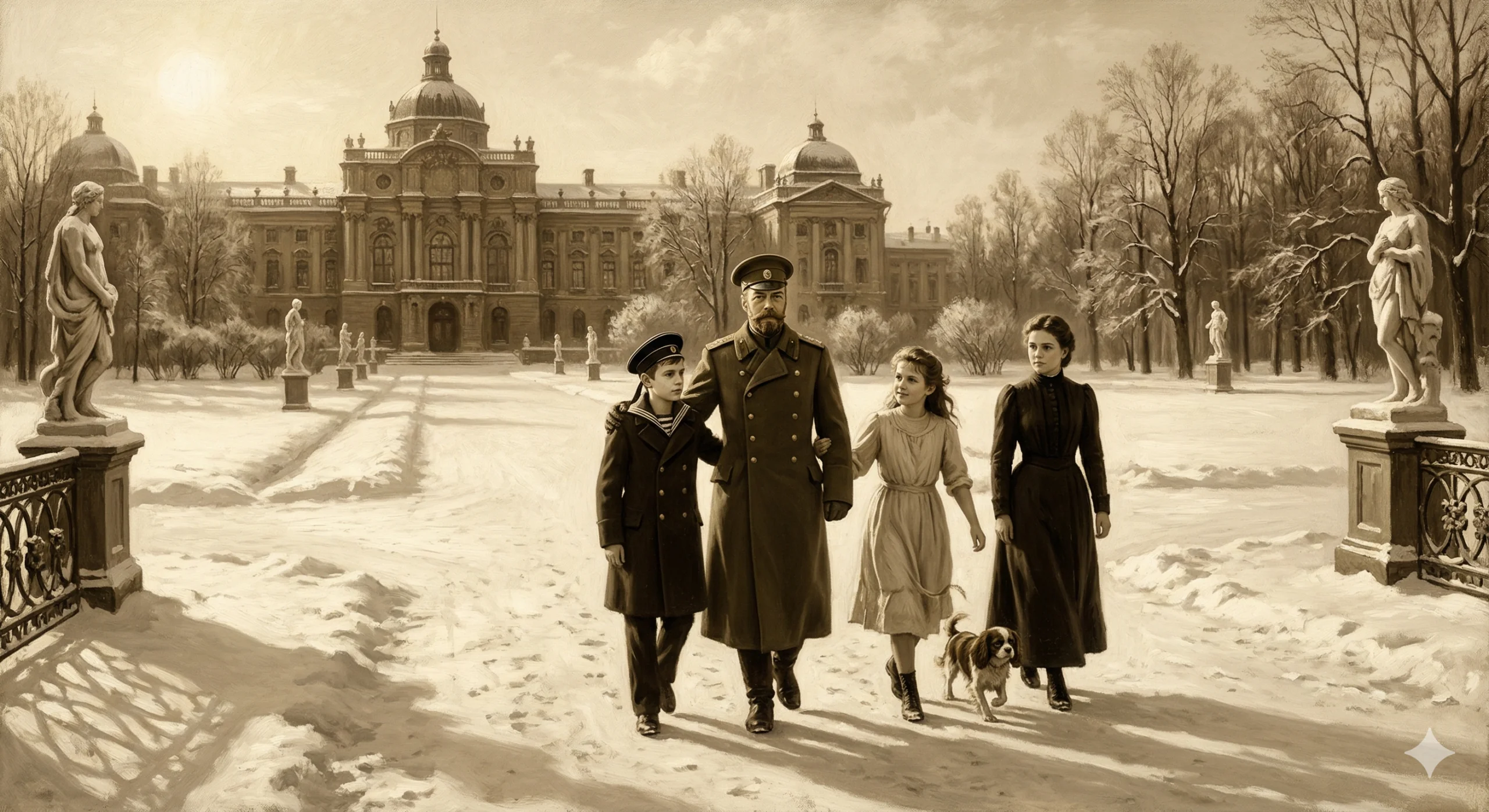 챠르스코예 셀로 궁전 정원. 니콜라이 2세와 아이들이 눈 쌓인 정원을 산책하는 장면. 잠깐의 평화.