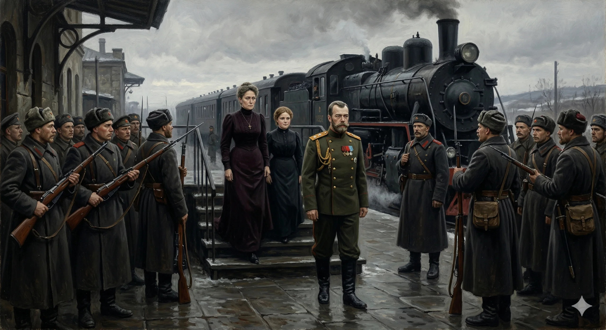 무장 경비대에 둘러싸인 우랄 지역 기차역. 귀족 가족이 플랫폼에 내리는 장면. 회색 하늘. 억압적인 분위기.