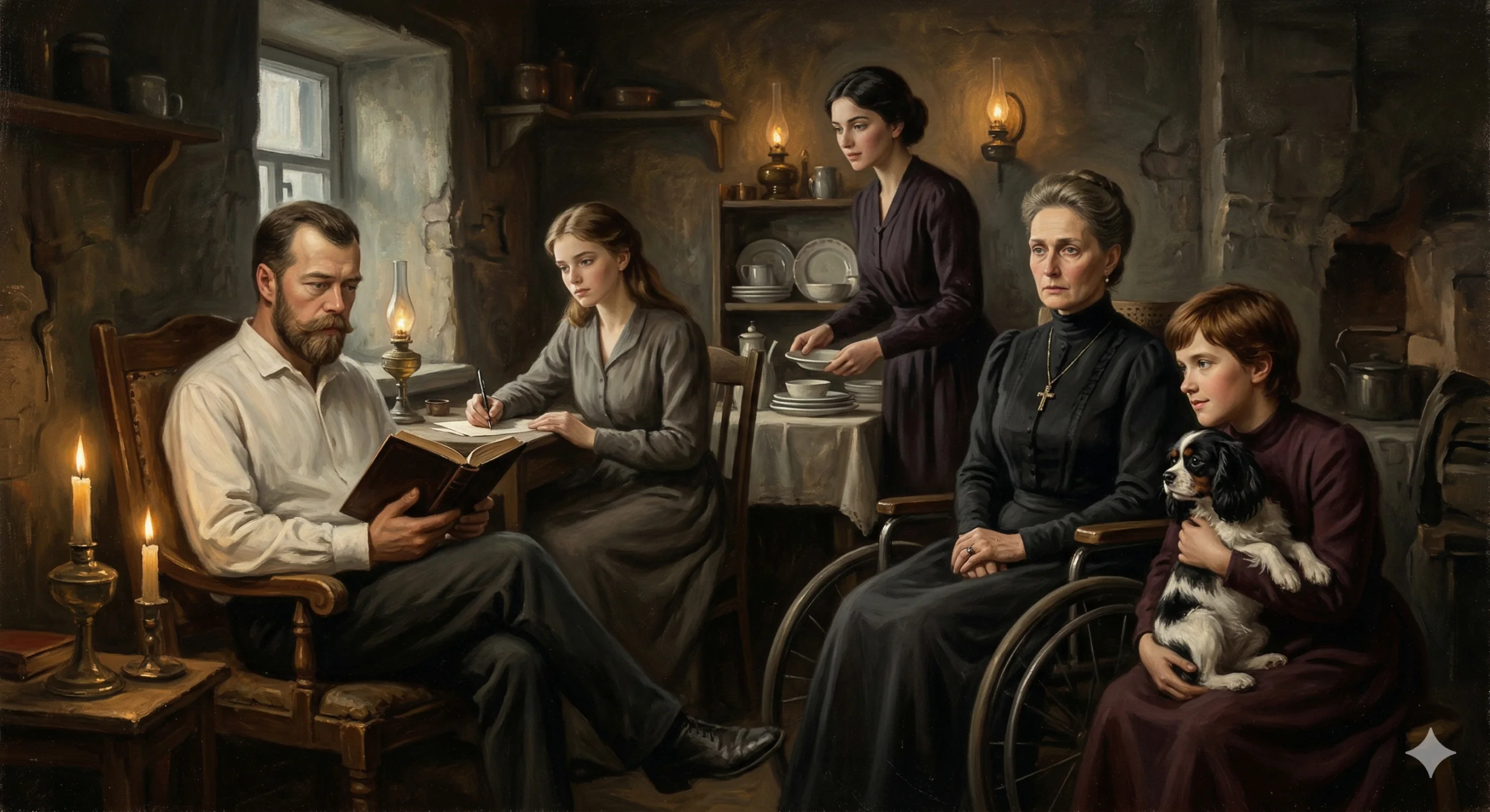 좁은 방 안에서 함께 시간을 보내는 황실 가족. 서로에게 기대어 있는 모습. 창문에는 흰 페인트.