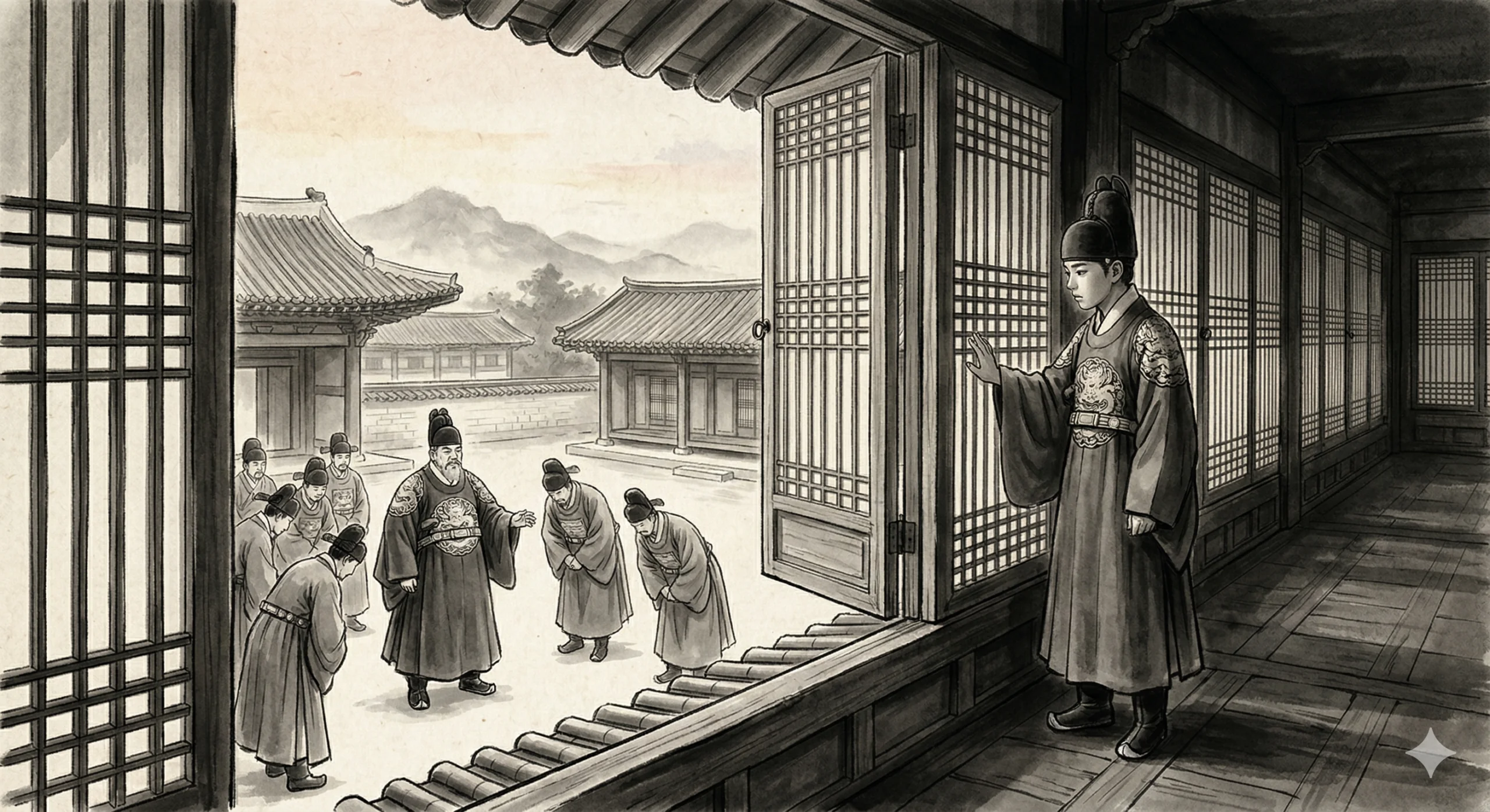 조선시대 궁궐 높은 복도 끝, 창살 문 너머로 아래 마당을 내려다보는 소년 왕의 옆모습. 아래 마당에서는 위세 높은 관료가 다른 신하들에게 지시를 내리고 신하들은 고개를 조아린다. 창살의 격자 무늬 그림자가 소년의 얼굴에 드리워져 있다. 수묵화 풍