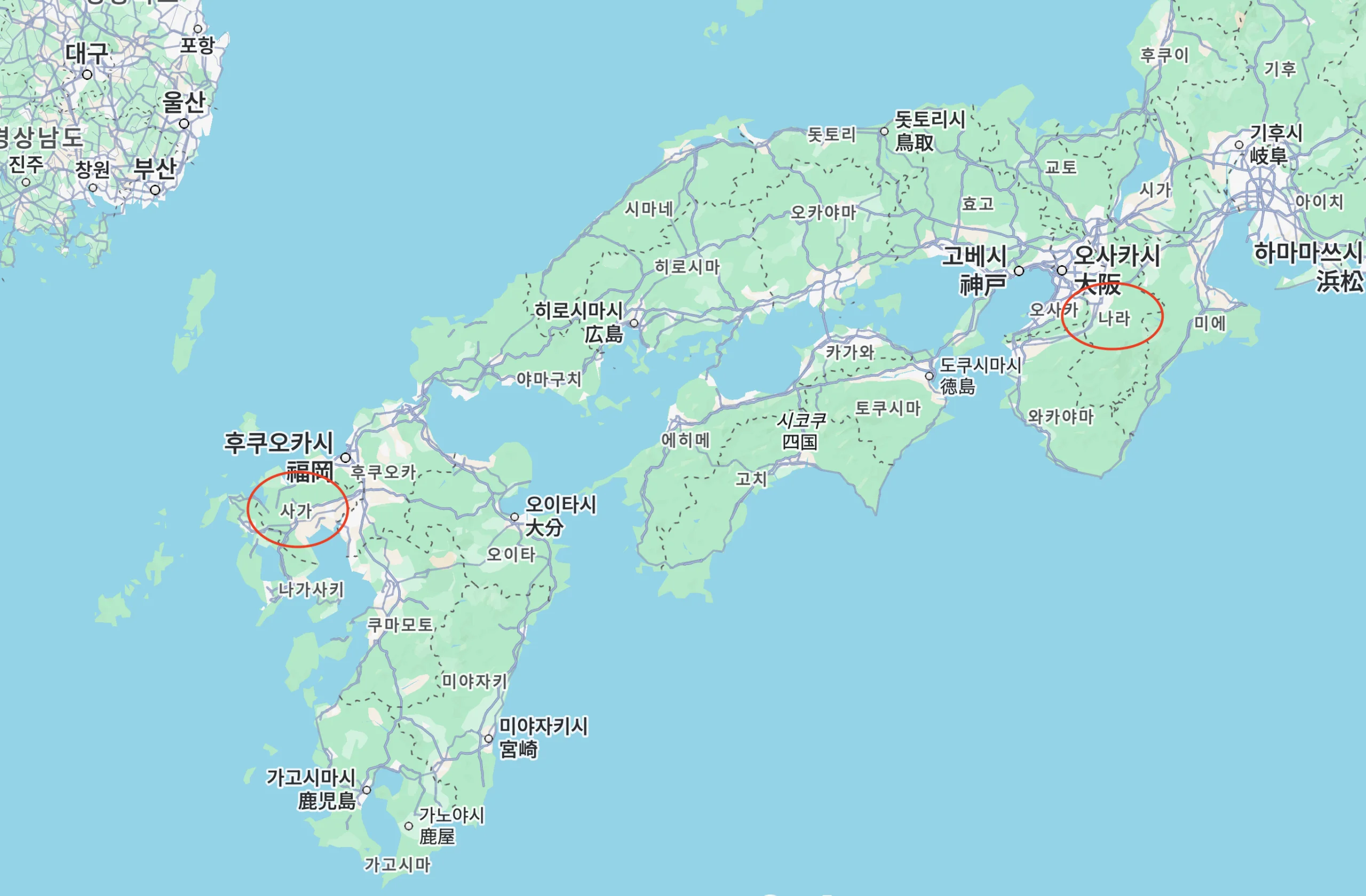 야마타이국 두 후보지를 표시한 지도. 나라현 사쿠라이시(기나이설)와 사가현 요시노가리 유적(규슈설). 1,700년째 결론이 나지 않은 논쟁의 두 축이다.