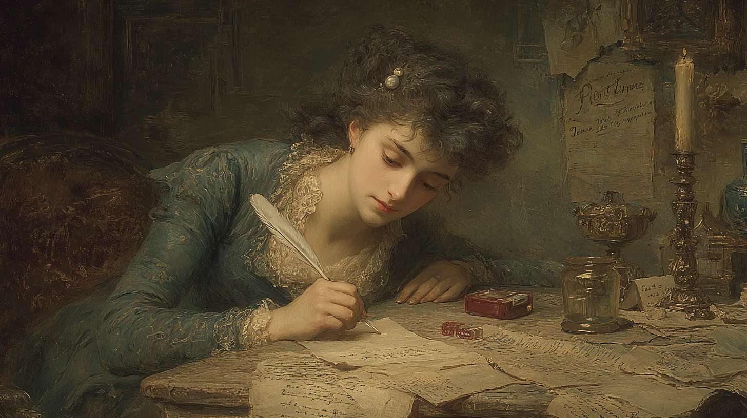1784년 초 파리의 어두운 방에서 촛불 아래, 잔 드 라 모트가 거위 깃펜으로 'Marie Antoinette de France'라는 서명을 위조하고 있다. 책상 위에는 연습용 종이들과 인장, 편지들이 흩어져 있다.