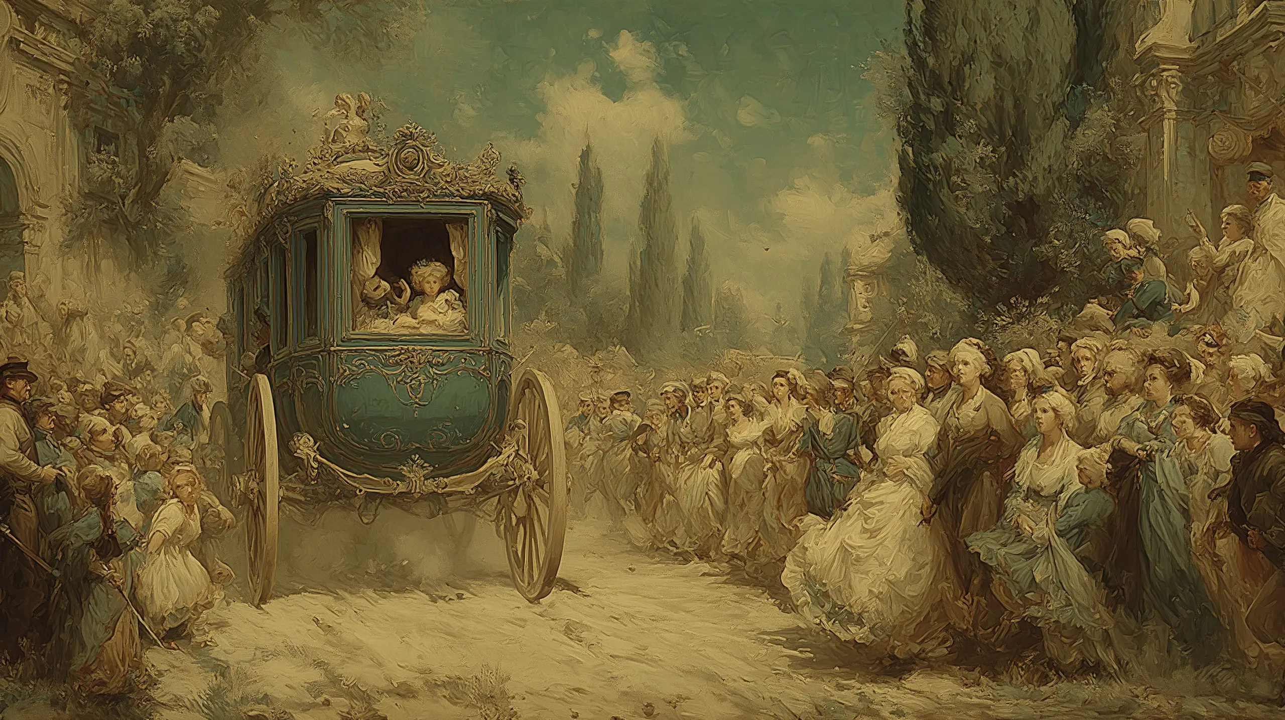 파리로 돌아오는 길, 마차 양쪽에 늘어선 수백 명의 시민들. 분노 없는 차가운 관찰. 마차 창으로 희미하게 보이는 마리 앙투아네트의 옆모습. 먼지가 짙게 깔린 여름 오후의 길과 침묵.