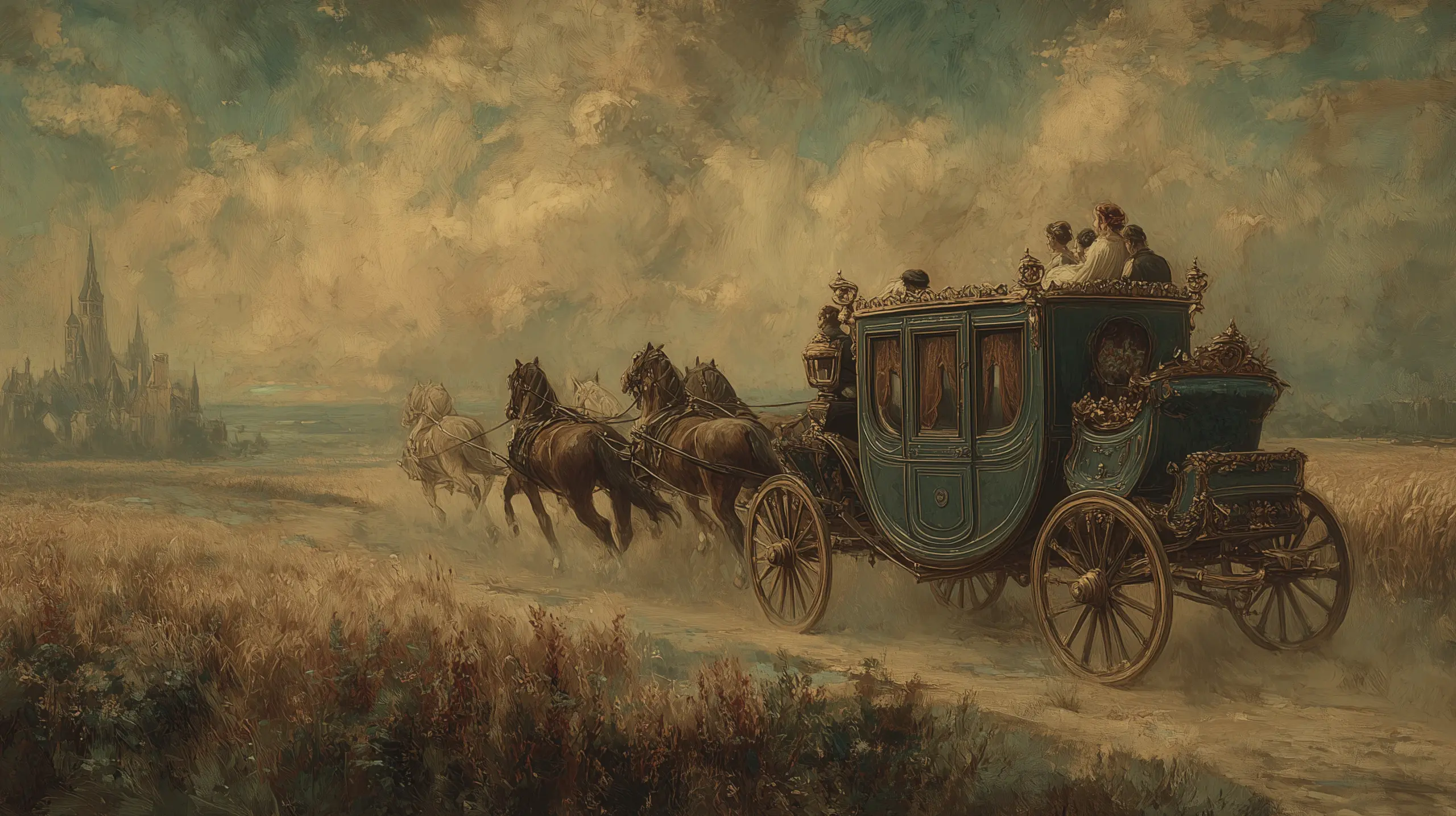 1791년 6월 21일 황혼 무렵 프랑스 시골길. 네 마리가 끄는 대형 녹색 베를린 마차가 먼지를 날리며 달린다. 양옆으로 황금빛 밀밭, 저 멀리 외딴 농가. 하늘은 금빛에서 보랏빛으로 저물어간다. 자유의 마지막 빛.