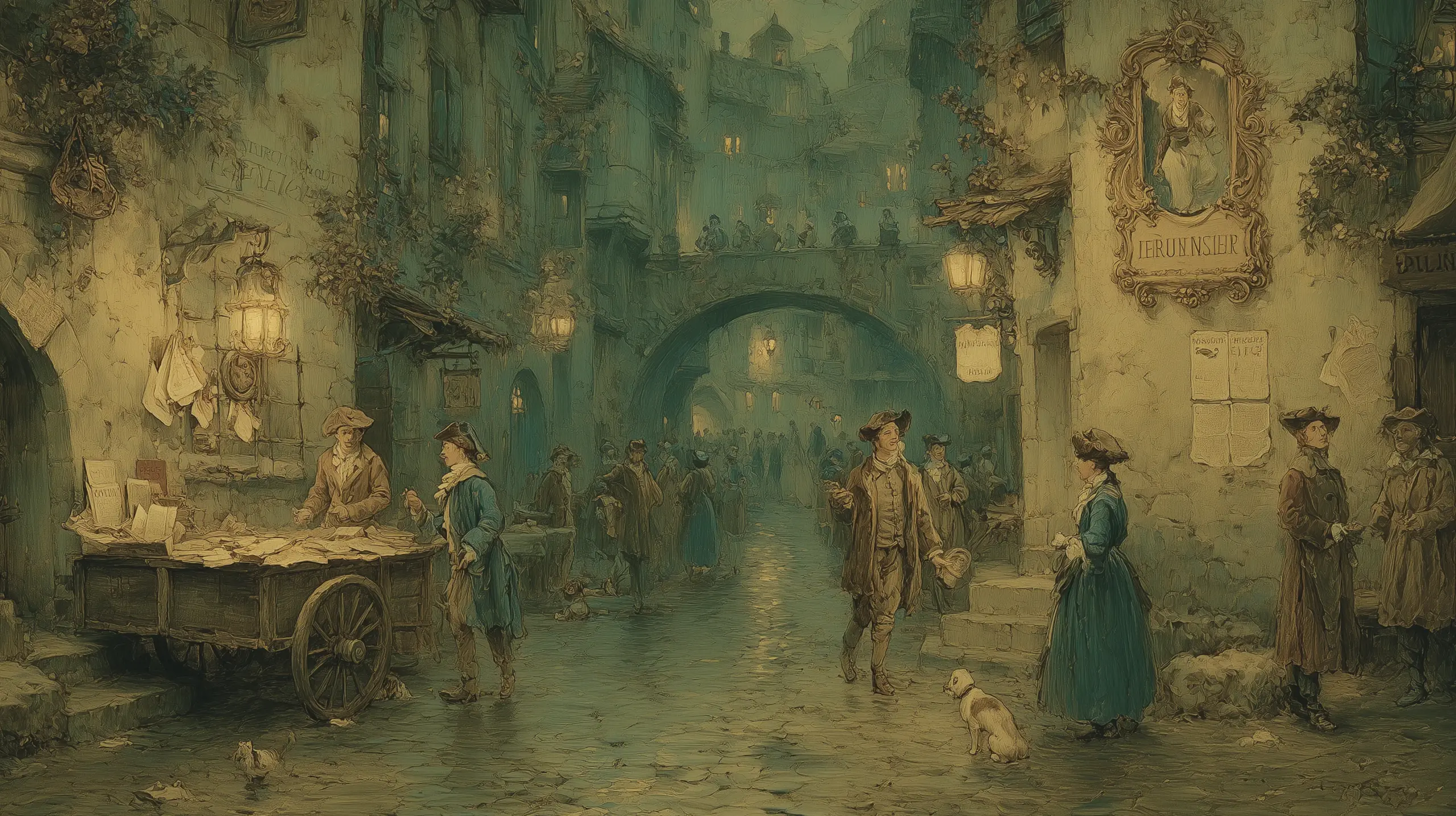 1787년경 파리의 해질녘 골목. 검은 외투의 상인이 가판대에 소책자들을 펼쳐놓고, 시민 하나가 조심스럽게 동전을 건네며 구매한다. 주변에는 다른 구경꾼들이 있고, 젖은 돌길에 등불이 희미하게 비친다.