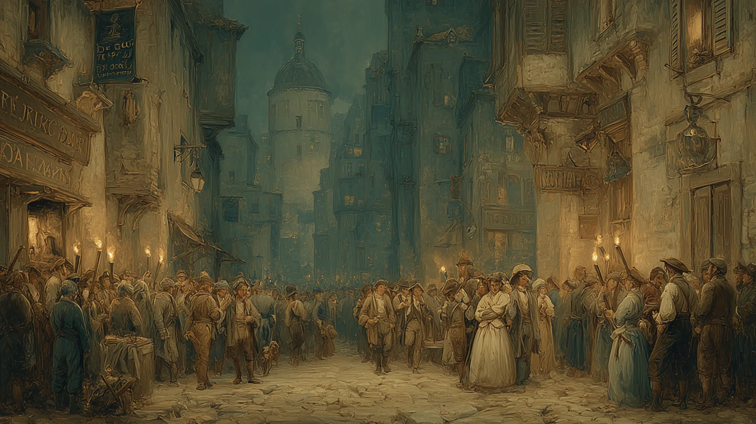 1789년 7월 13일 밤, 파리 생-앙투안 지구의 거리. 횃불을 든 노동자 군중이 거리를 메우고 있다. 즉석 무기, 벽에 붙은 벽보, 멀리 조립 중인 바리케이드. 보랏빛 하늘을 배경으로 바스티유 성채의 실루엣이 솟아 있다.