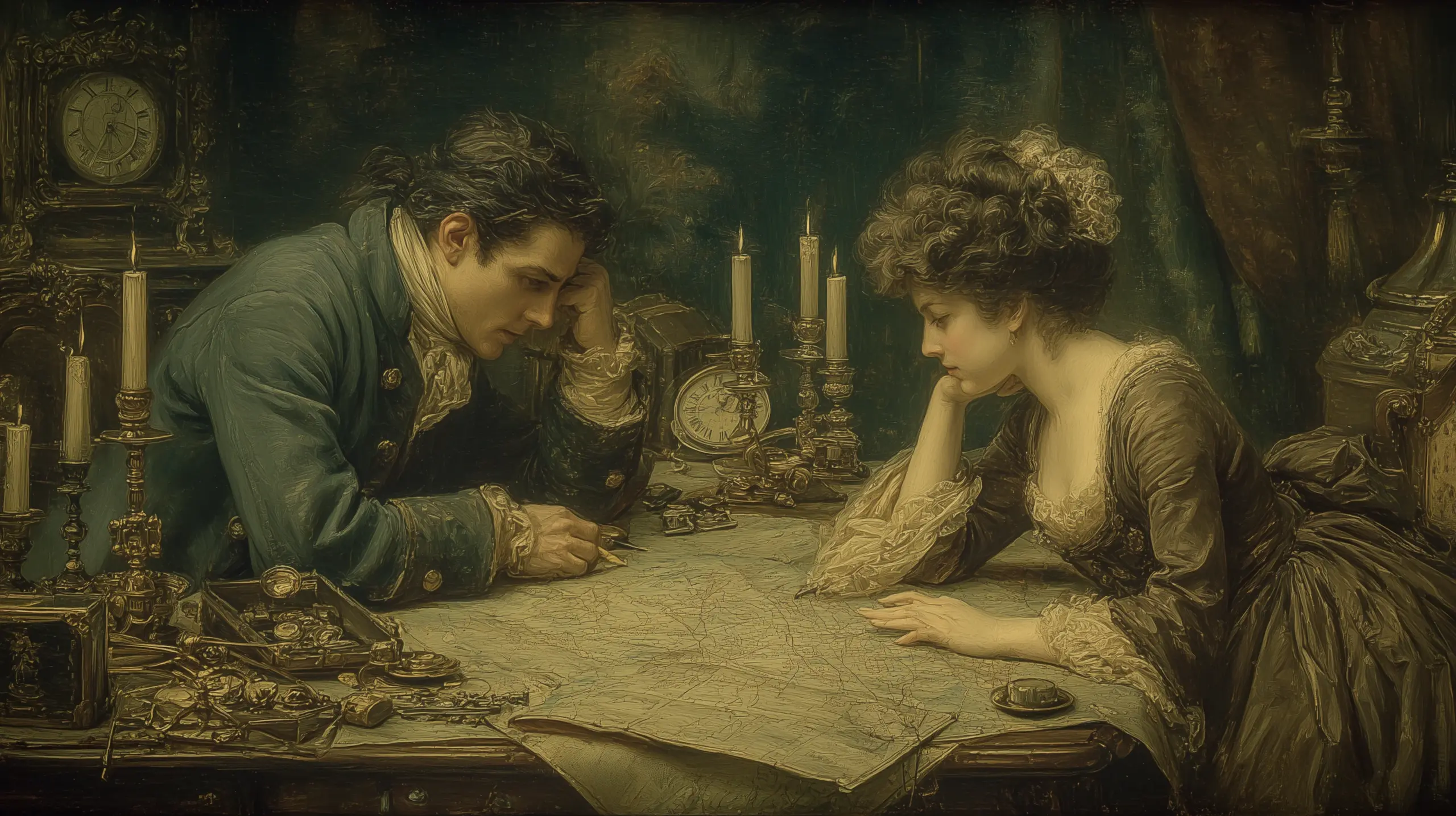 튈르리 궁의 촛불 아래 은밀한 서재. 페르센이 지도 위로 몸을 굽혀 파리에서 몽메디로 가는 경로를 짚고, 마리 앙투아네트는 긴장한 얼굴로 곁에서 듣고 있다. 위조된 러시아 여권, 금화 주머니, 회중시계.