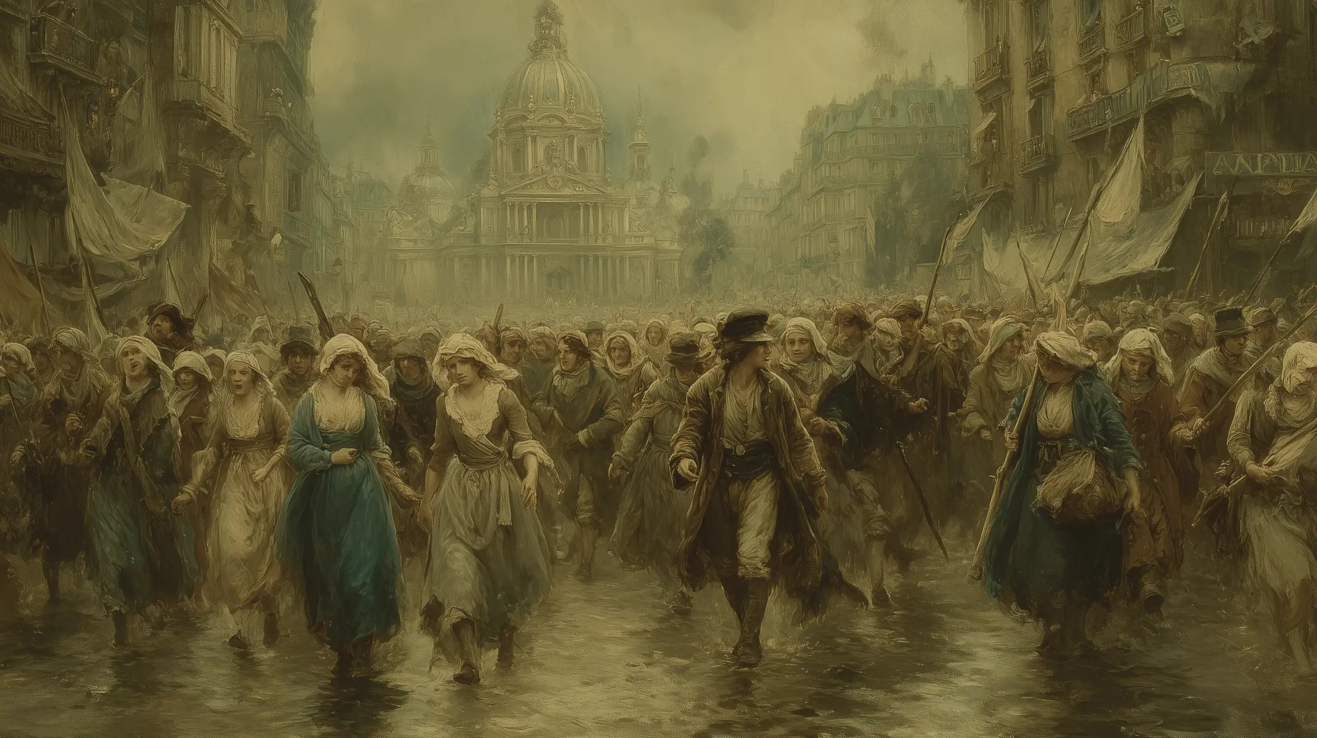 1789년 10월 5일 빗속에서 베르사유로 향하는 파리의 시장 여자들. 수천 명의 군중이 횃불과 식칼, 쇠창, 곤봉을 들고 진흙길을 걷는다. 젖은 어깨, 단호한 얼굴. 멀리 베르사유 궁전의 불빛이 희미하게 보인다.