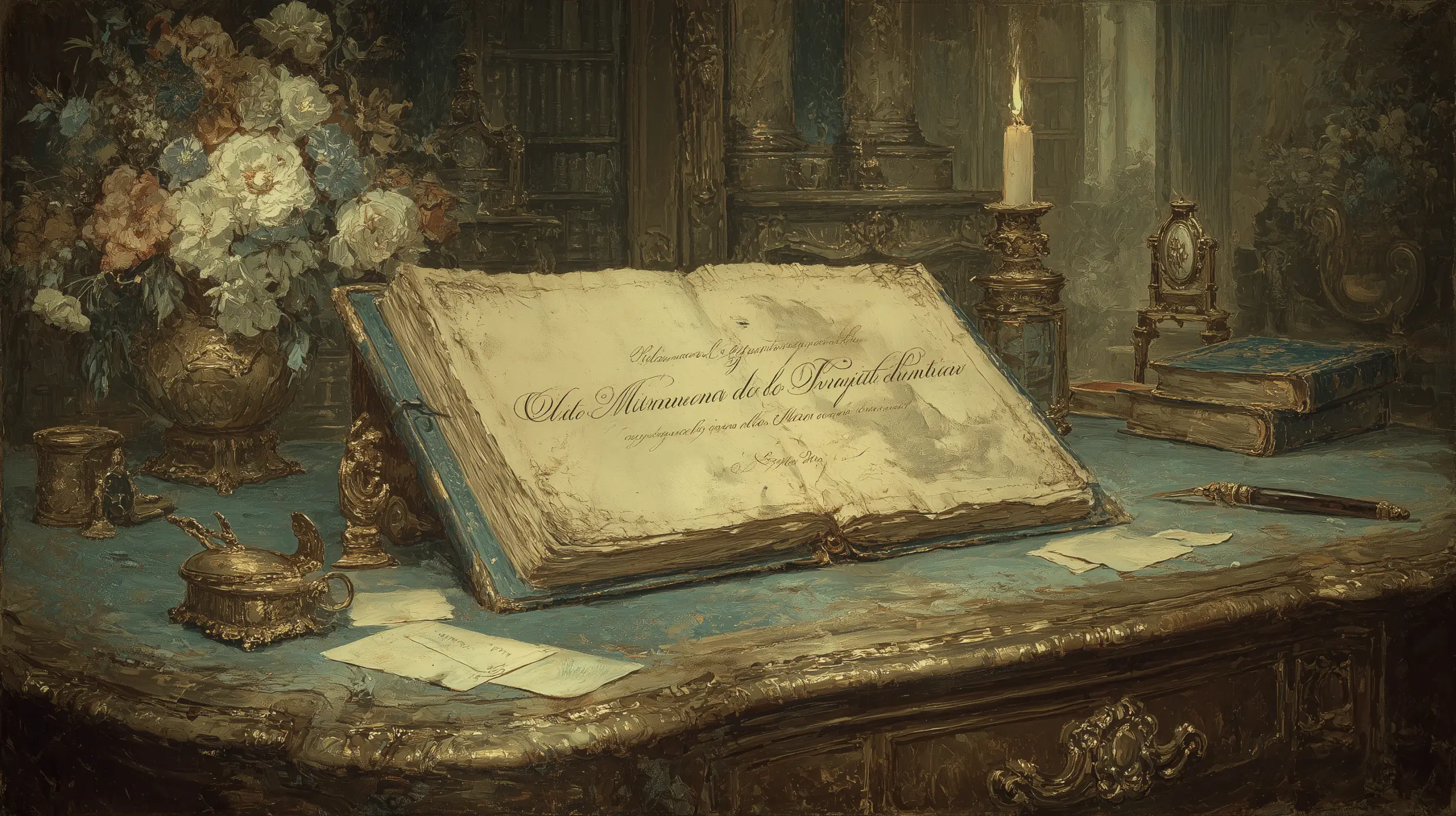 어두운 마호가니 책상 위에 펼쳐진 가죽 장정 책. 왼쪽 페이지에는 'Qu'ils mangent de la brioche'라는 문장이 유려한 깃펜체로 갓 쓰여 있다. 책상에는 잉크병과 깃펜, 촛대가 놓여 있다. 페이지 위로는 18세기 궁정 복식 차림의 여성 실루엣이 그림자로 드리워져 있지만, 방 안에 실제 여성은 없다. 그림자의 끝이 정확히 그 문장 위에 닿아 있다.