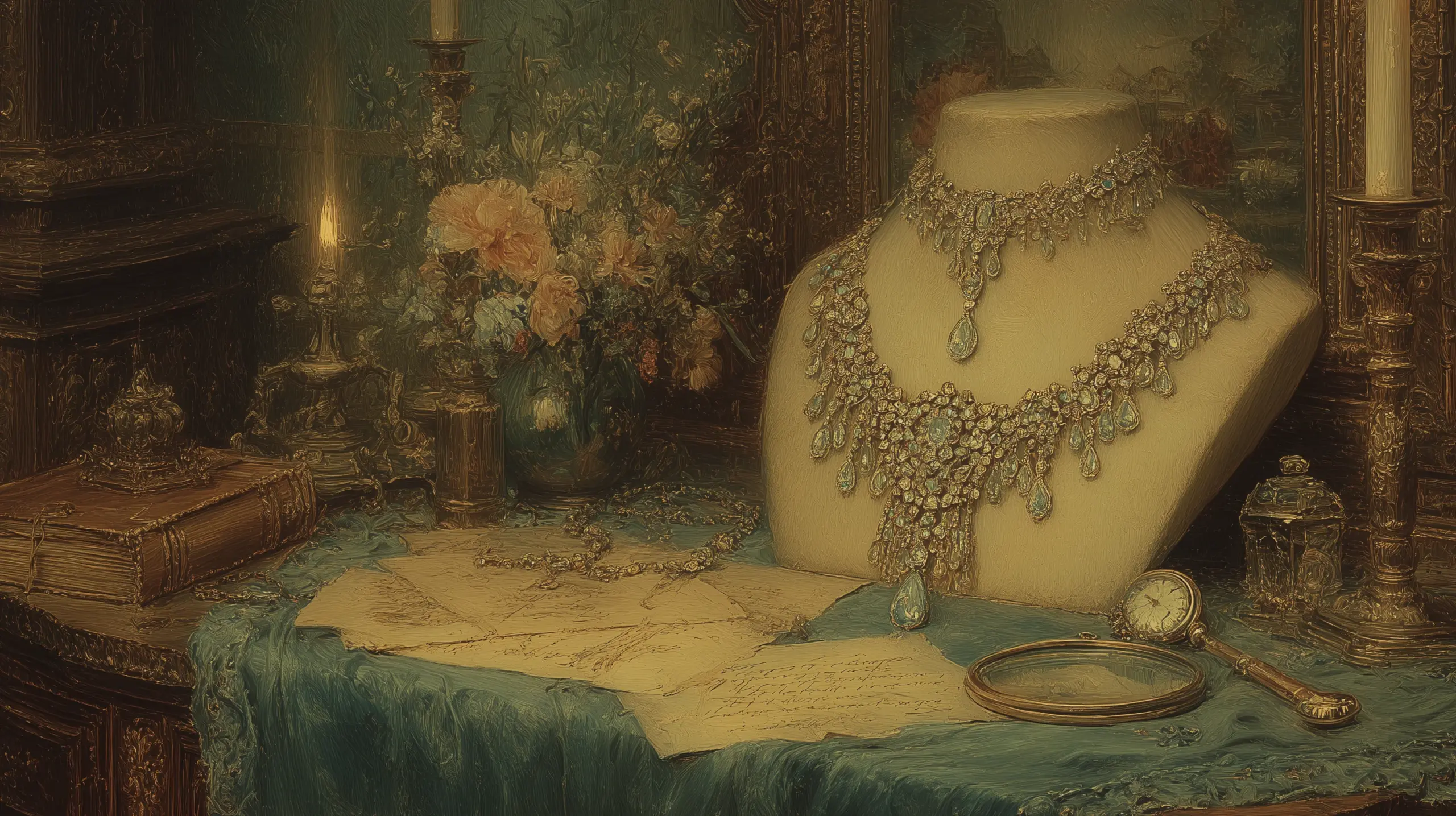 647개의 대형 다이아몬드로 구성된 3단 목걸이가 어두운 보라색 벨벳 위에 놓여 있고, 촛불 아래에서 찬 빛을 내며 반짝인다. 주위에는 보석상의 설계 스케치와 장부가 놓여 있다.