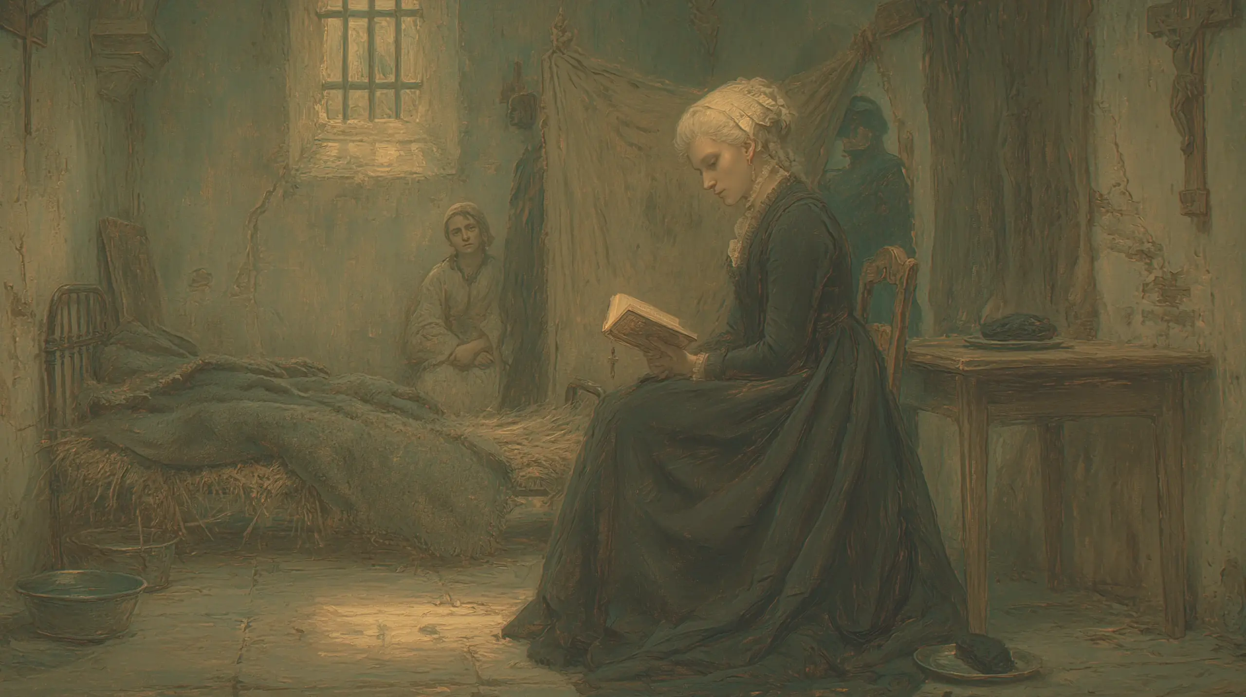 높은 작은 창과 회벽, 간이 침대와 탁자, 의자만 놓인 콩시에르주리의 좁은 감방. 검은 드레스의 마리 앙투아네트가 의자에 앉아 기도서를 읽고 있고, 뒤쪽 구석에는 감시 중인 여경과 천막 뒤 남경의 실루엣이 희미하게 보인다.