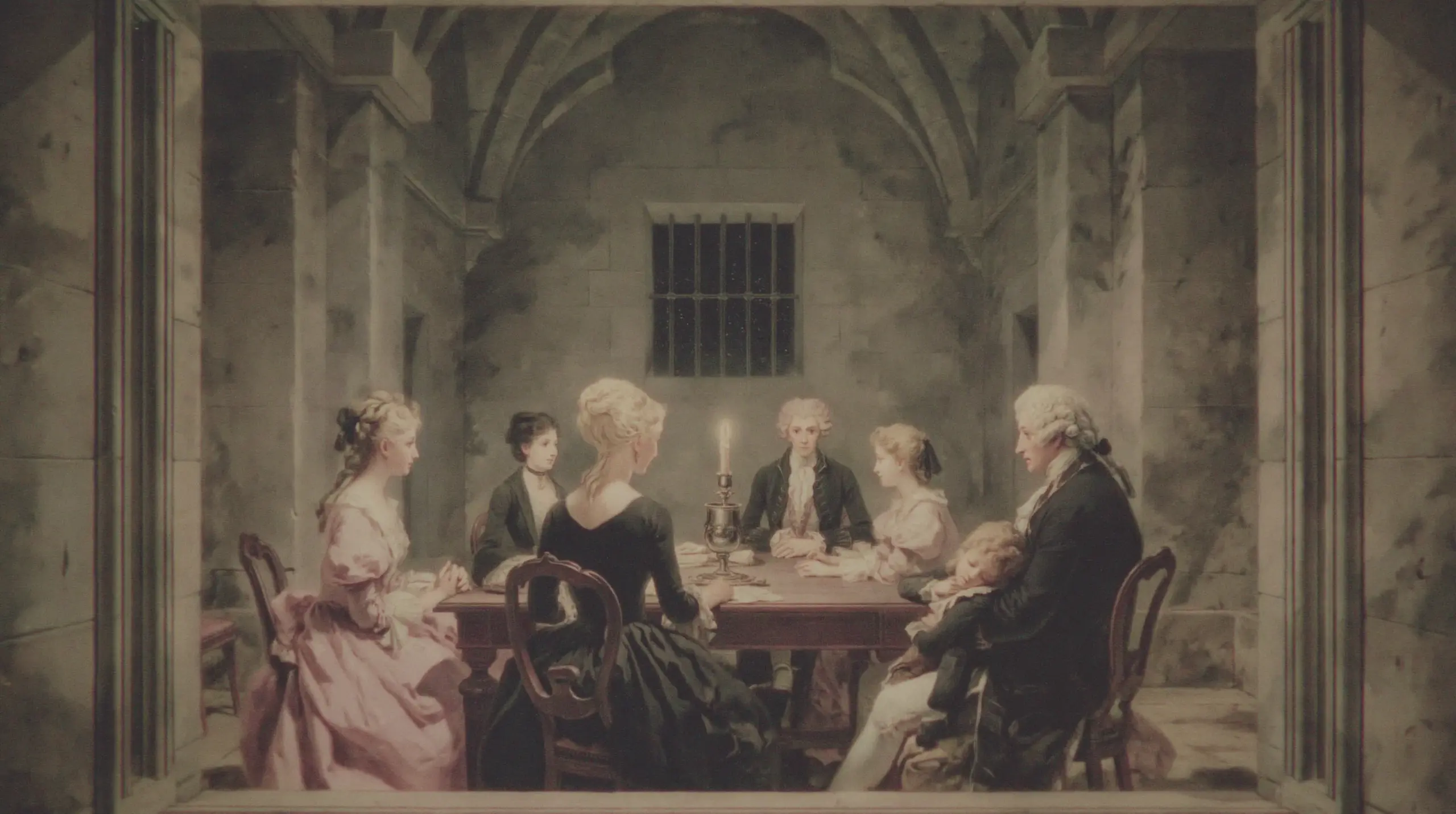 1793년 1월 20일 밤, 탕플 감옥의 식당. 루이 16세와 마리 앙투아네트, 엘리자베트 공주, 두 아이가 낡은 나무 탁자를 사이에 두고 마지막 시간을 보내고 있다. 촛대 하나의 작은 불빛. 루이의 손은 탁자 끝에 놓여 있고, 마리의 시선은 그를 향해 고정되어 있다. 나머지 방은 차가운 어둠 속으로 가라앉아 있다.