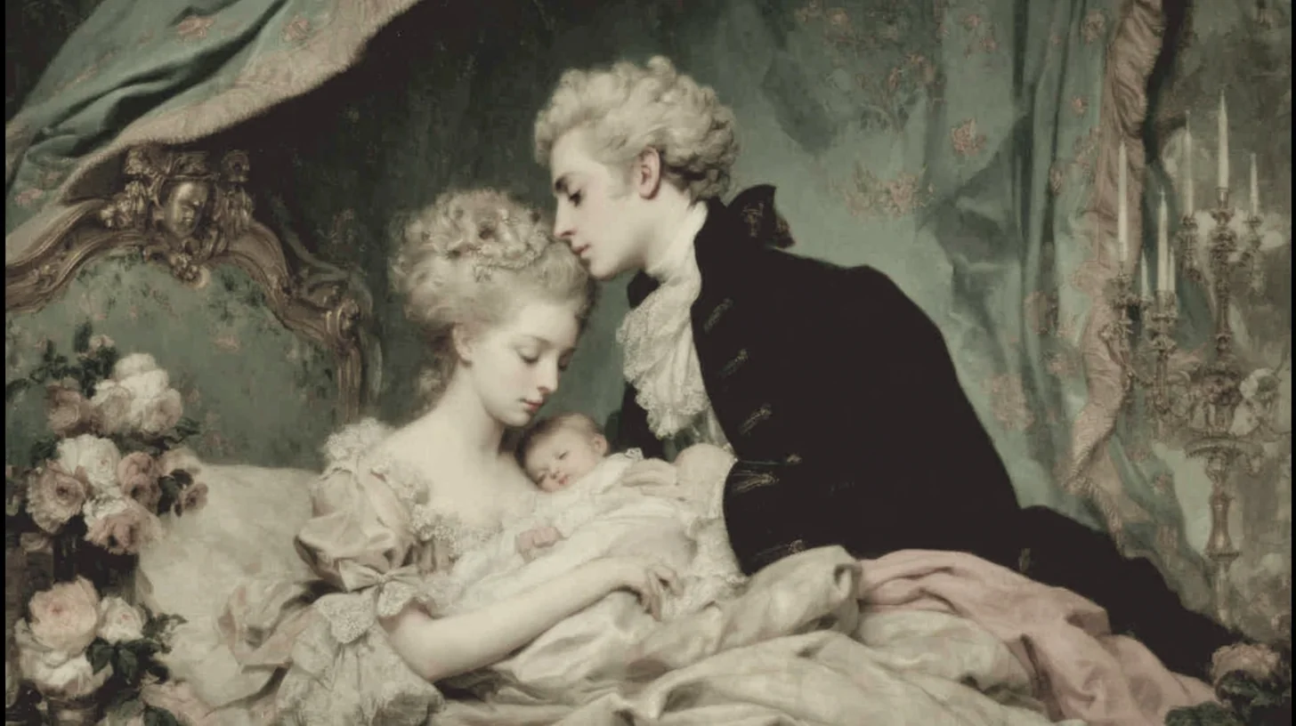 1778년 12월, 베르사유의 왕비 침실. 출산 직후 기진한 마리 앙투아네트(23세, 야윈 얼굴, 땀에 젖은 머리)가 흰 천에 싸인 신생아를 품에 안고 있다. 옆에는 루이 16세가 아이를 바라보고 있다. 부드러운 촛불. 먼지 많은 금박 커튼. 지켜보던 귀족들은 이제 물러갔고, 방은 처음으로 조용하다.