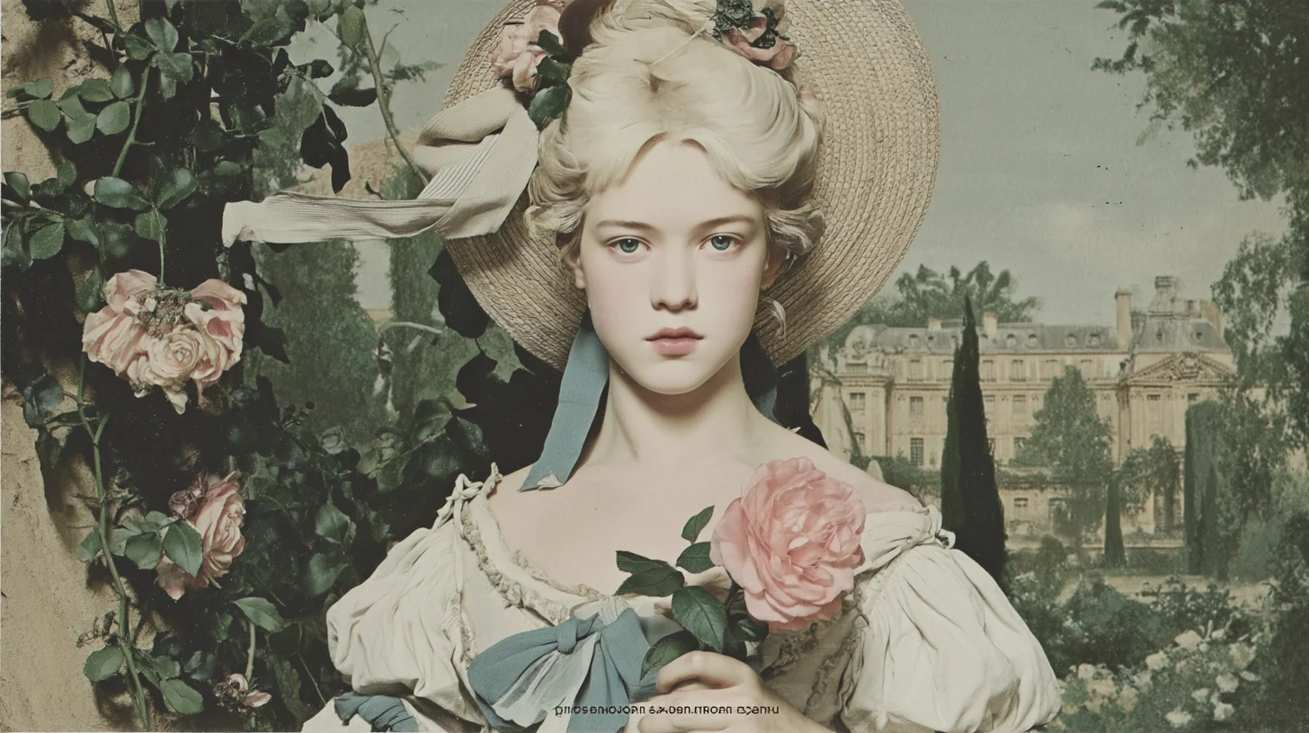 비제 르브룅의 1783년 초상화 양식. 마리 앙투아네트(28세)가 야외 정원 배경에 서 있다. 흰 모슬린 슈미즈 드레스, 허리에 파란 리본, 밀짚모자, 손에 장미 한 송이. 자연스러운 머리 — 파우더 없는 금발. 부드럽고 따뜻한 조명. 포즈는 
