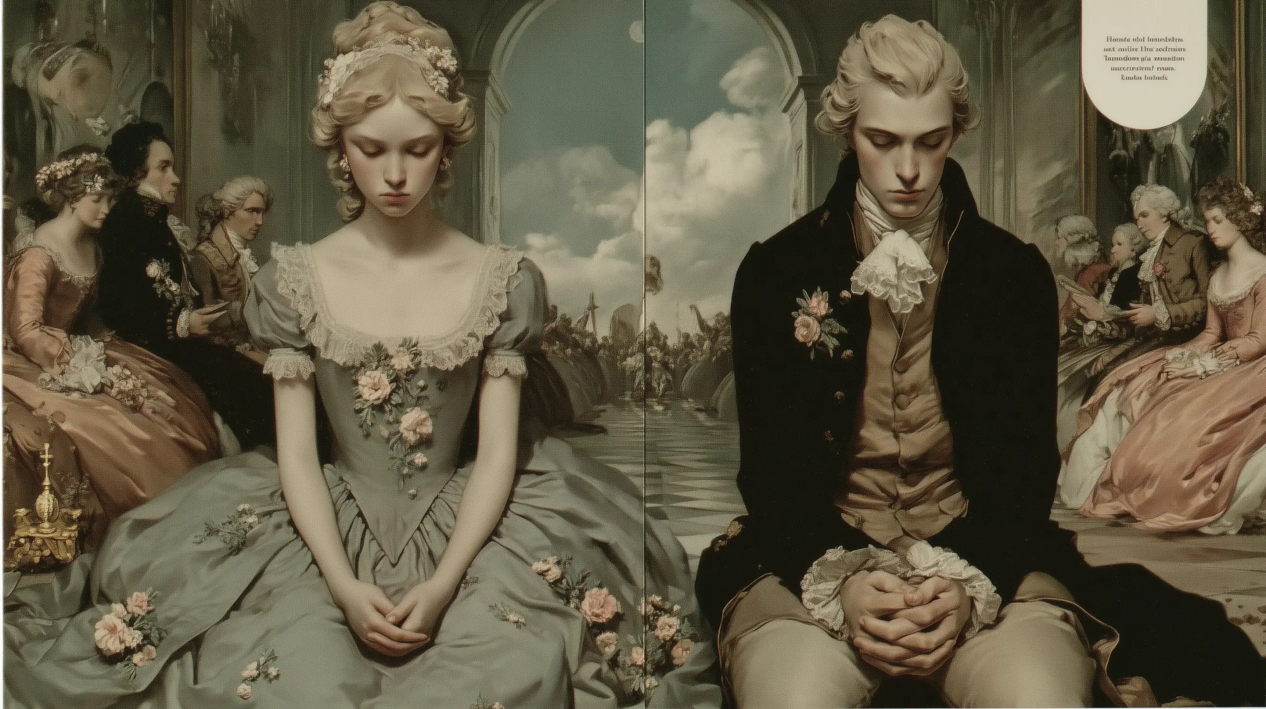 1774년 5월 10일, 베르사유 궁의 한 방. 열여덟 살 마리 앙투아네트와 열아홉 살 루이 오귀스트가 무릎을 꿇고 있다. 창백한 얼굴에는 슬픔이 아니라 경외와 두려움이 있다. 뒤쪽 복도에서 수백 명의 귀족이 그들을 향해 달려오고 있다 — 분칠한 가발, 실크 궁정복, 넓은 파니에 드레스의 물결. 작은 기도대, 한 자루의 양초, 금박 나무 바닥 위에 떨어지는 오후의 햇빛.