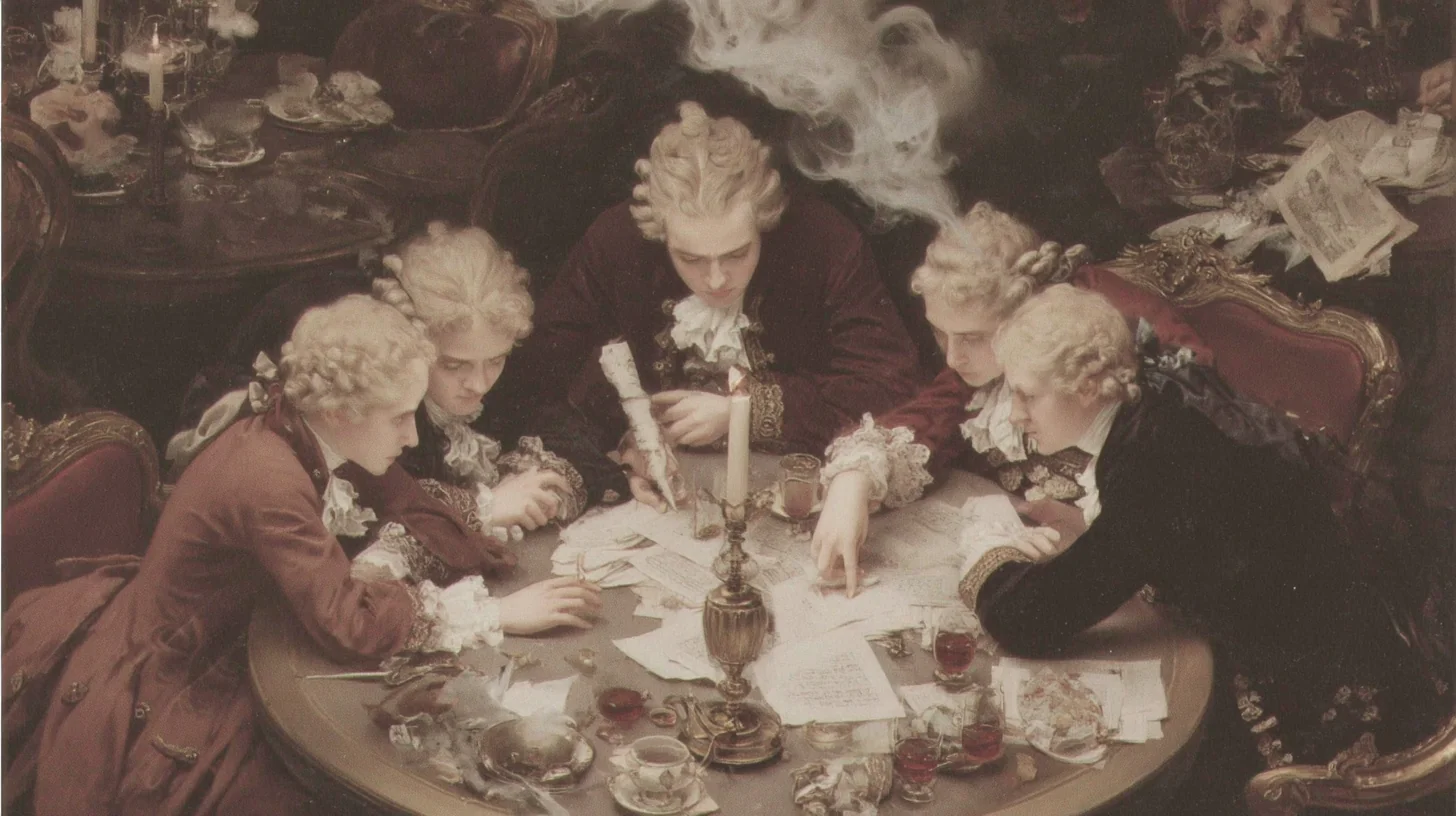 1780년대 초 파리의 카페 내부, 저녁. 몇몇 남자들이 테이블에 모여 서류와 소책자를 보며 낮은 목소리로 이야기한다. 촛불, 와인, 담배 연기. 한 남자가 손가락으로 종이를 가리킨다 — 종이에는 여왕의 캐리커처 비슷한 것이 그려져 있지만 세부는 보이지 않는다. 음모와 조롱이 섞인 분위기.